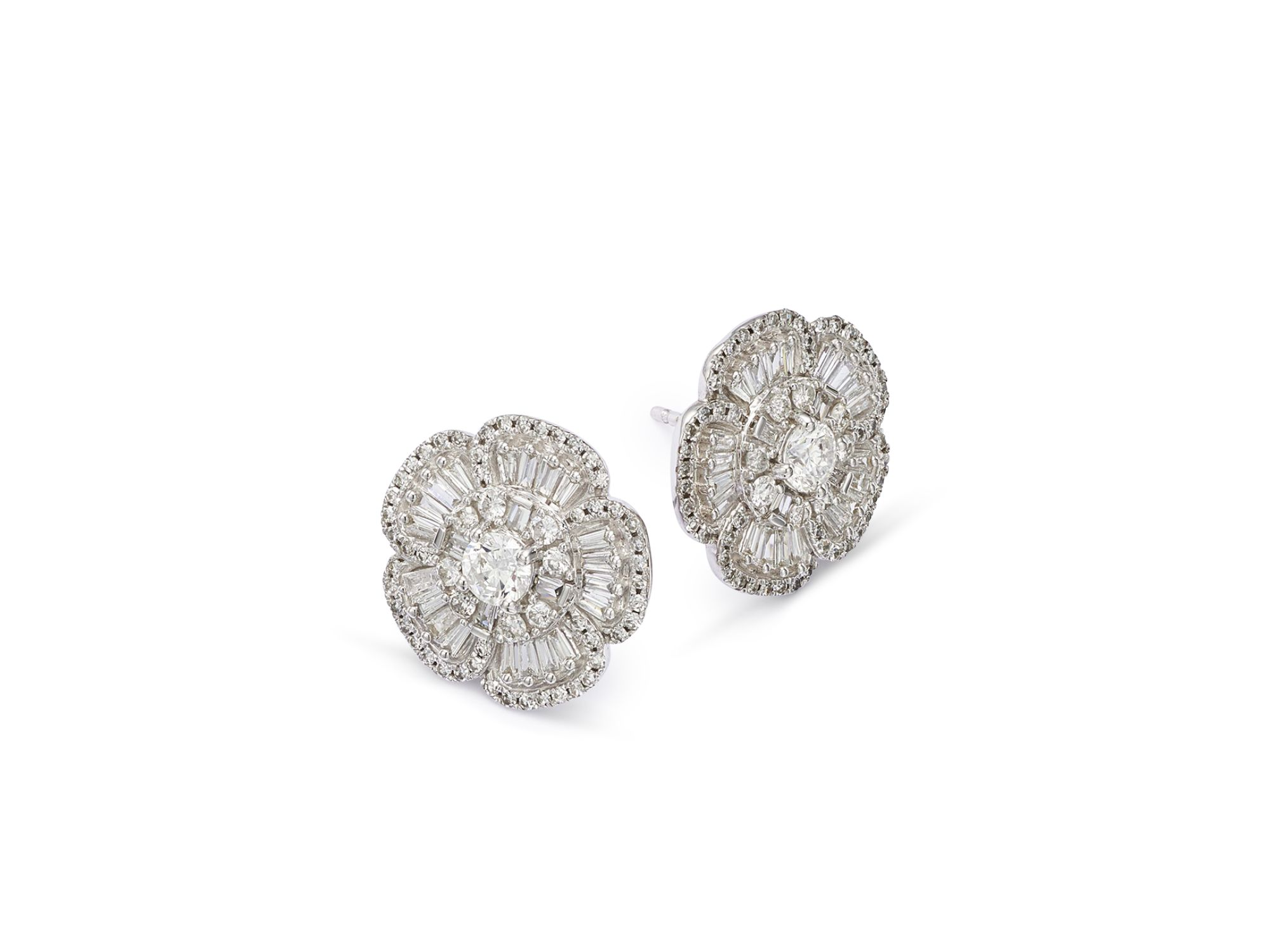Diamond Round & Baguette Flower Stud Earrings in 14K White Gold, 1.0 tcw — Image 5