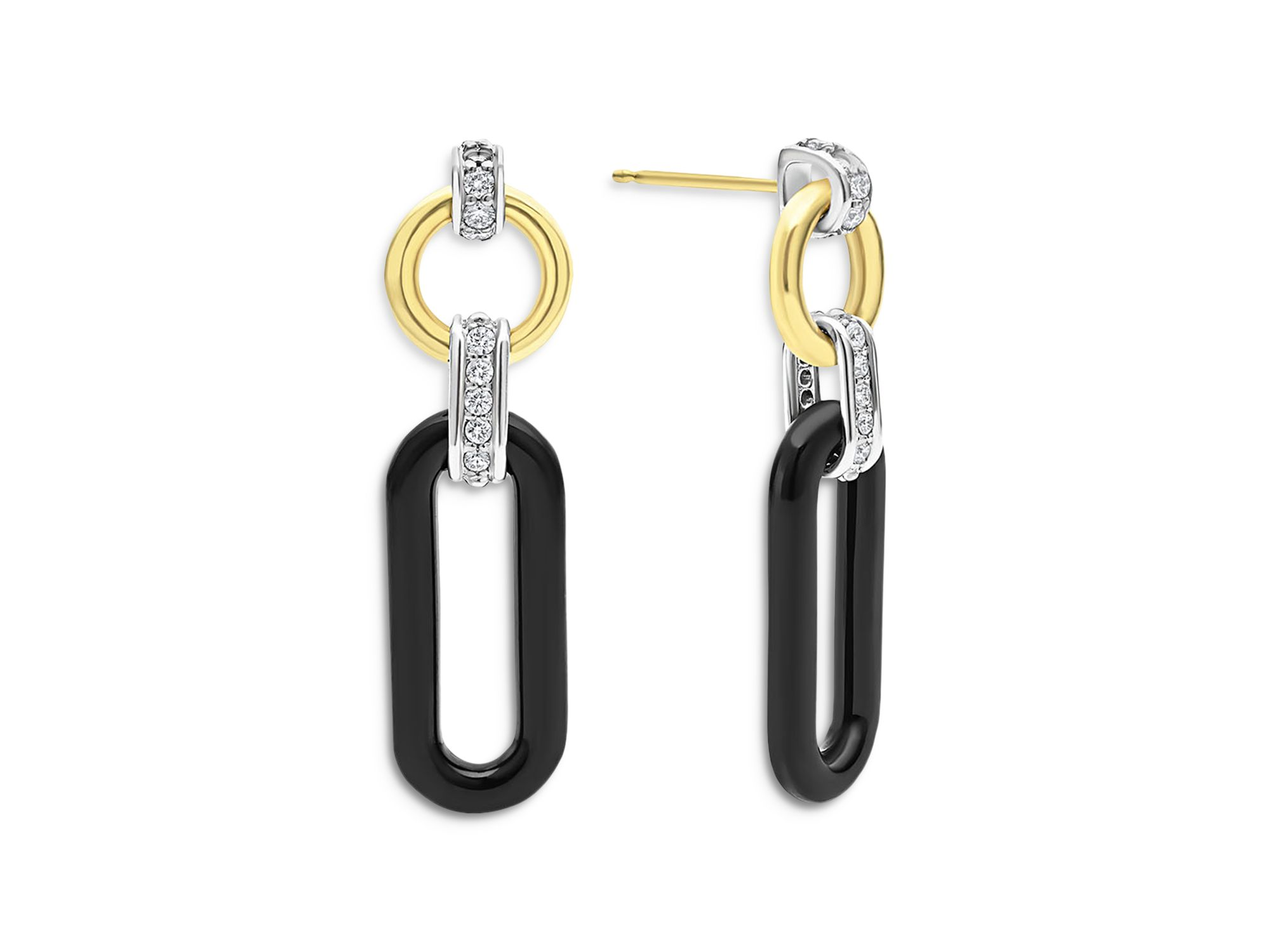 18K Gold Signature Caviar Diamond & Black Ceramic Link Drop Earrings — Image 4