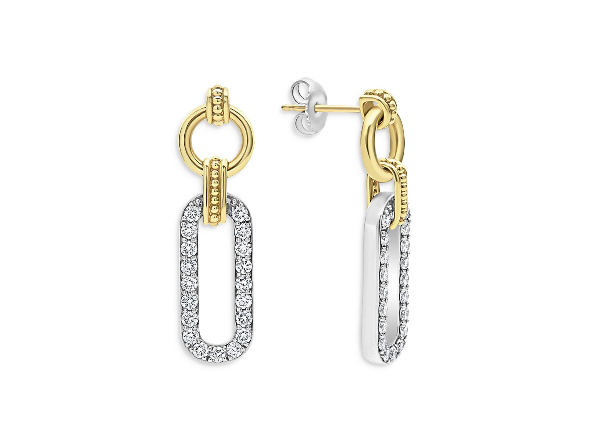 18K Yellow Gold & Sterling Silver Signature Caviar Diamond Link Drop Earrings — Image 5