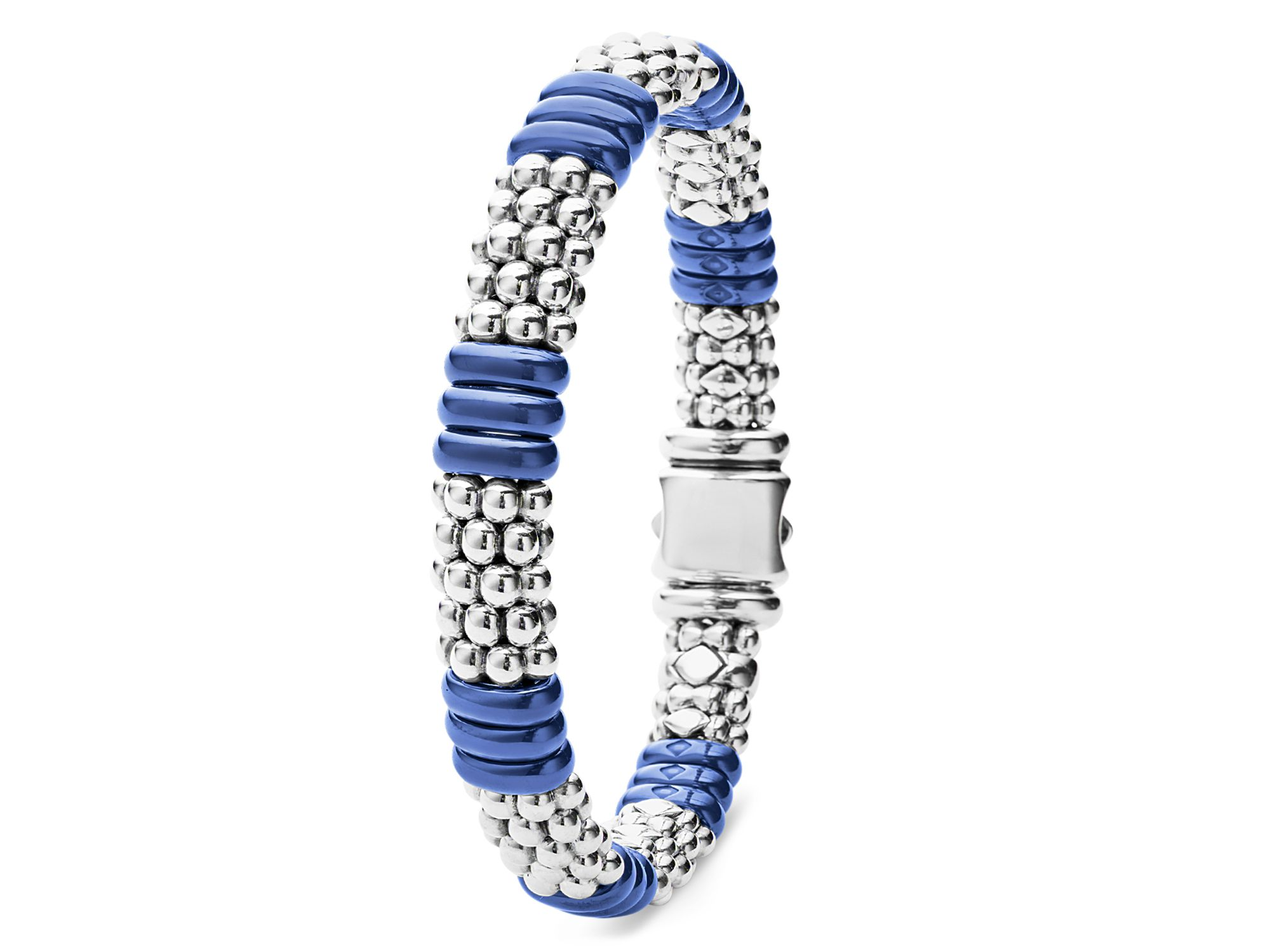 18K Yellow Gold & Sterling Silver Blue Ceramic Rondelle & Caviar Bead Statement Bracelets — Image 3