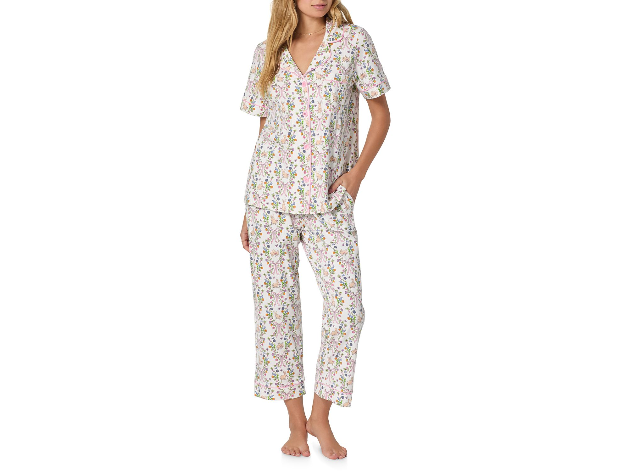 Pink Short Sleeve Classic Stretch Jersey Cropped Pajama Set in Bunny Blooms — Image 7