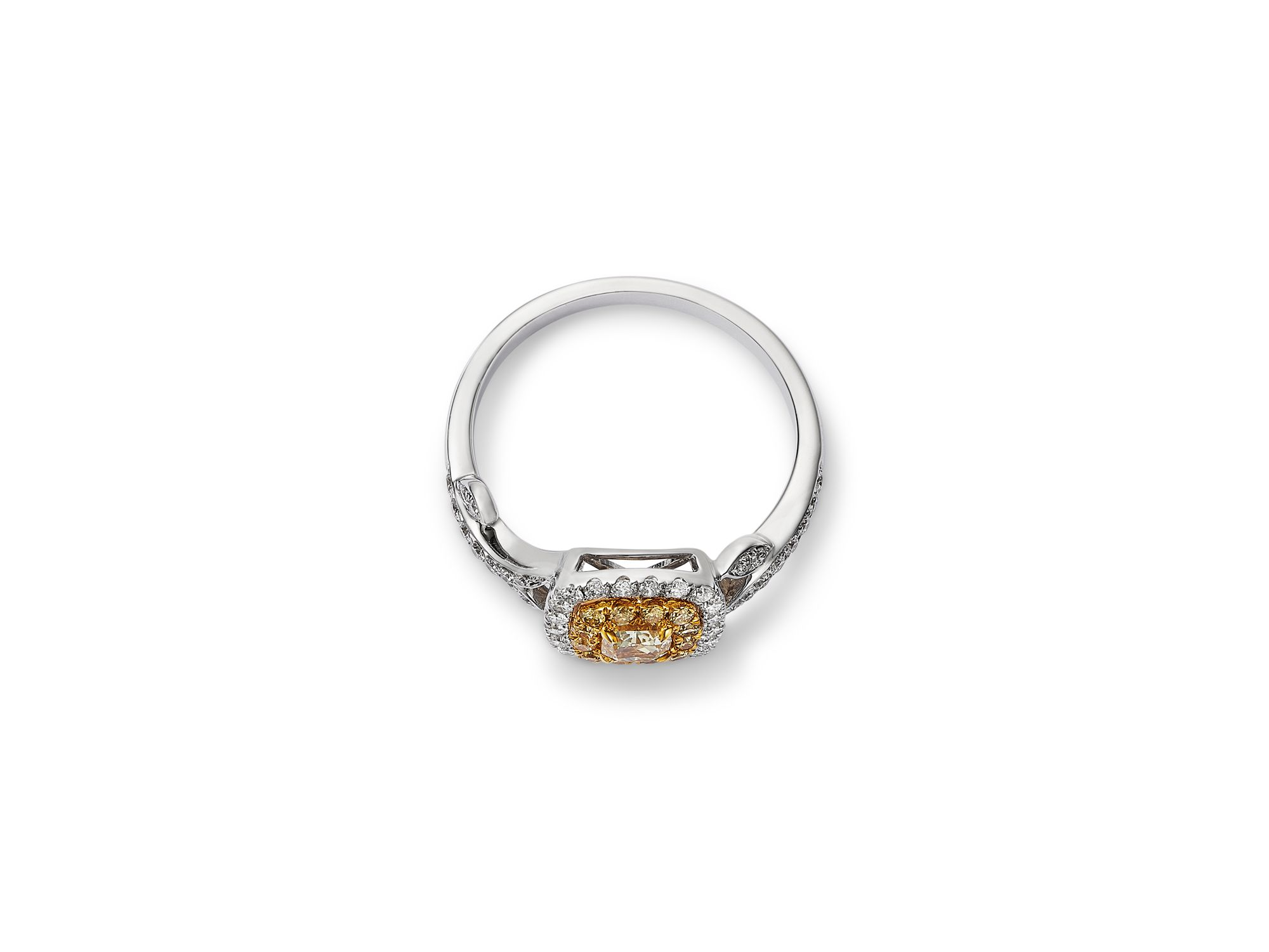 White & Yellow Cushion & Round Halo Ring in 14K Yellow & White Gold, 0.79 tcw — Image 3
