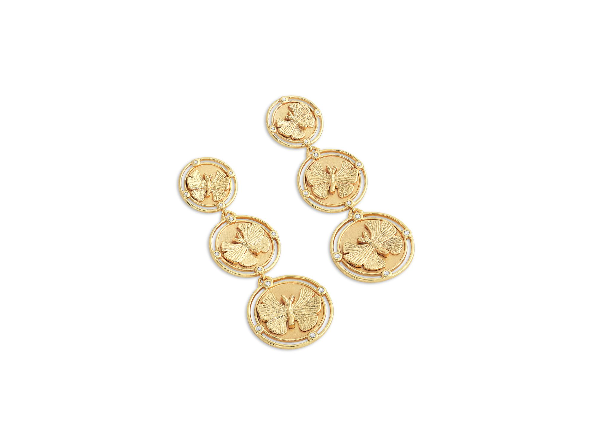 Pavé Butterfly Coin Triple Drop Earrings in 18K Gold Plated — Image 3