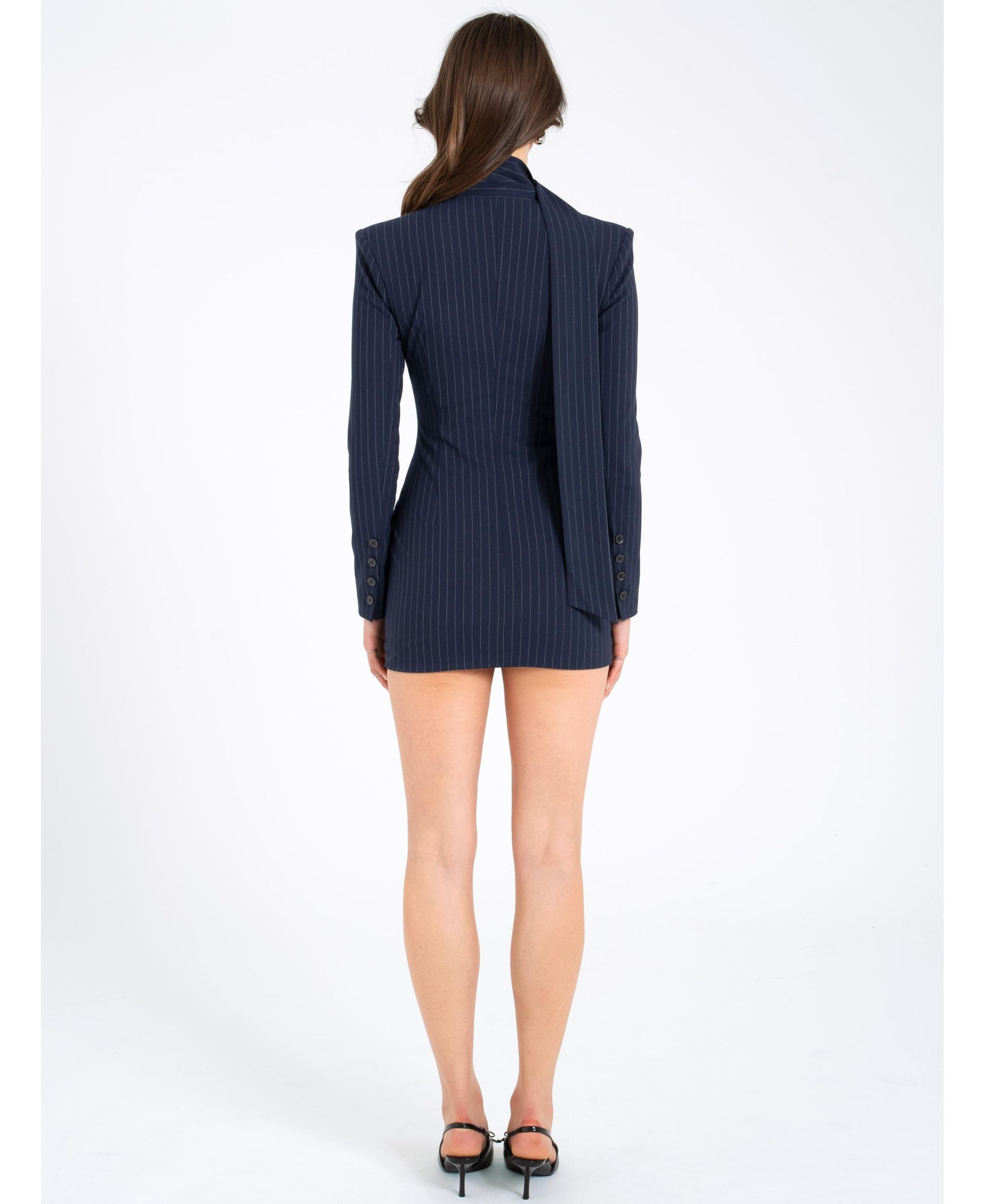 Tahlia Deep V Pinstripes Scarf Collar Blazer Dress — Image 11