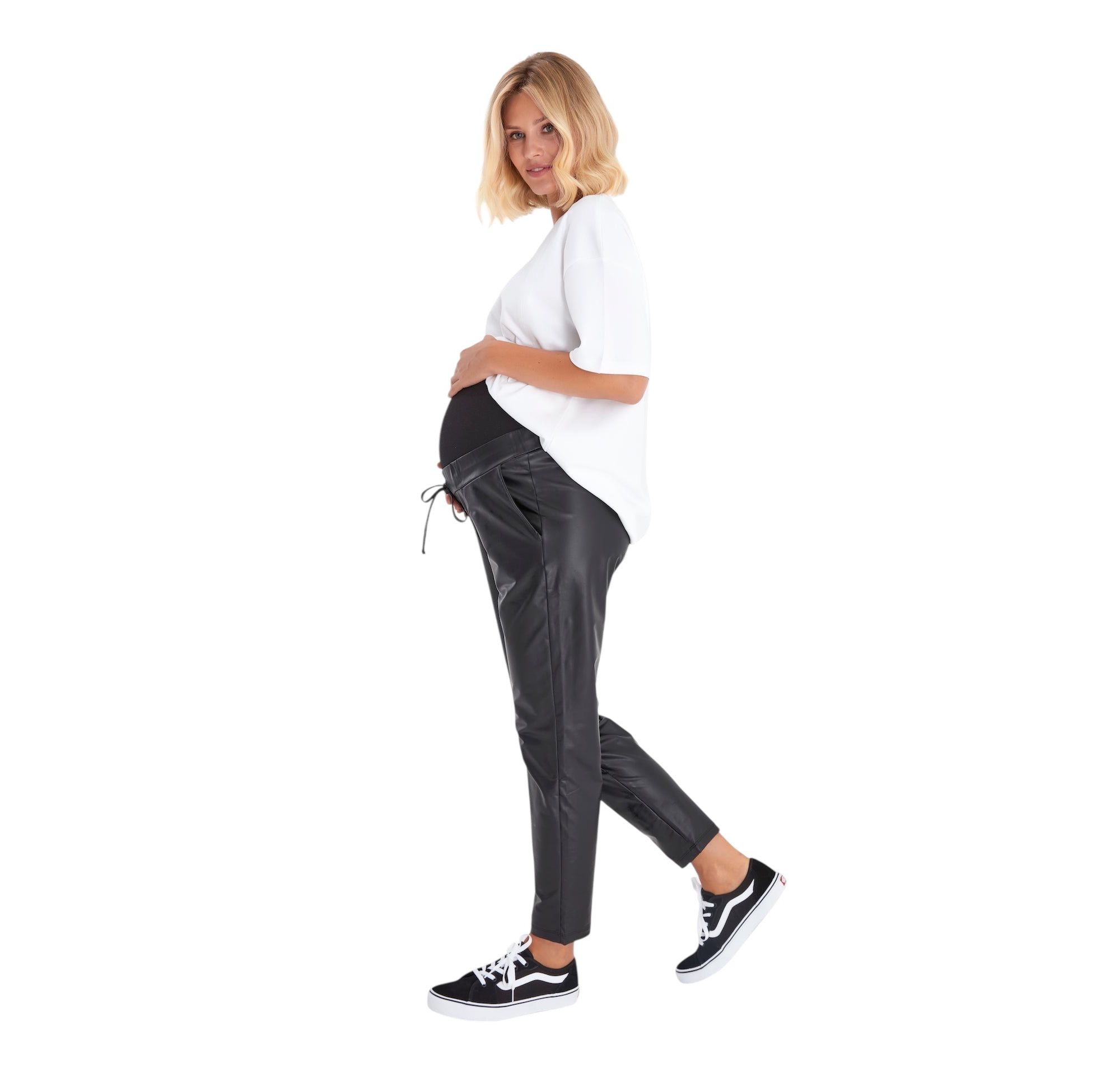 Comfy Cool Foldover Waistband Faux Leather Maternity Jogger Pants — Image 9