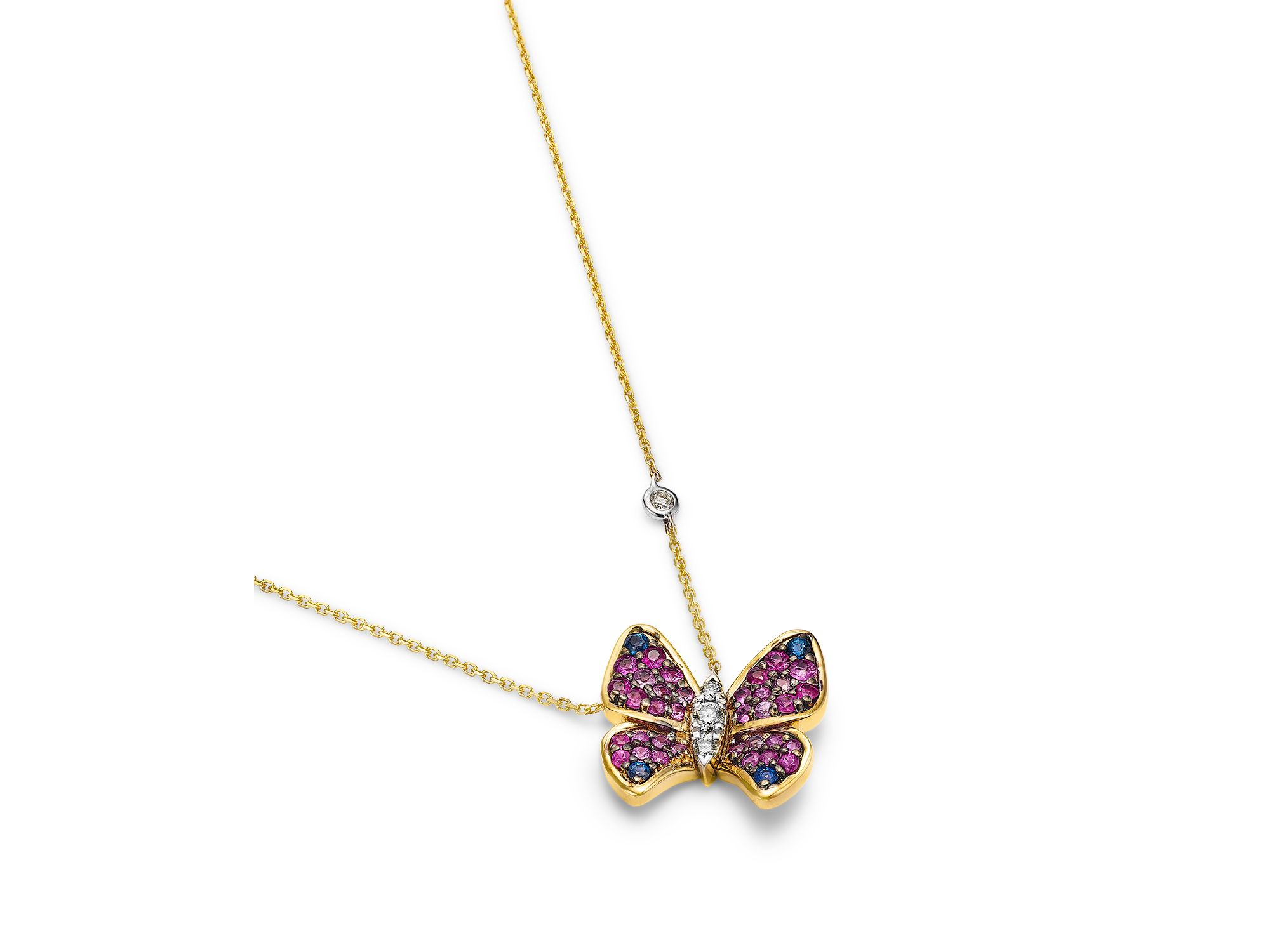 Blue Sapphire, Pink Sapphire & Diamond Butterfly Pendant Necklace in 14K Yellow Gold — Image 3