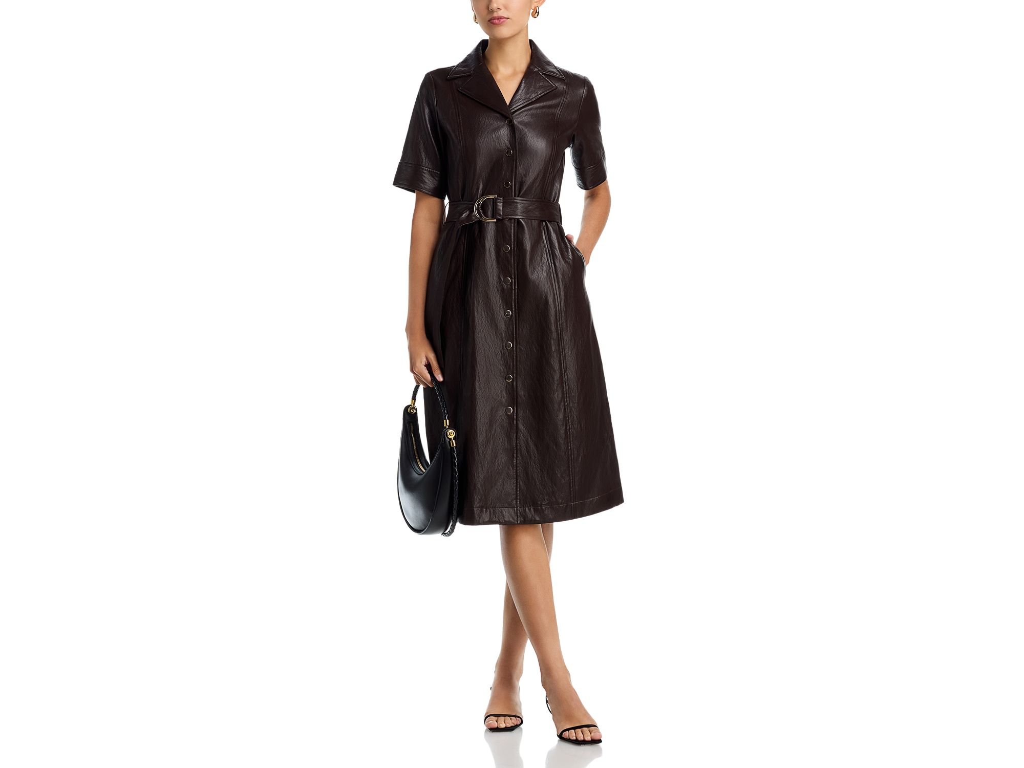 Faux Leather Short Sleeve Button Down Fit & Flare Dress — Image 4