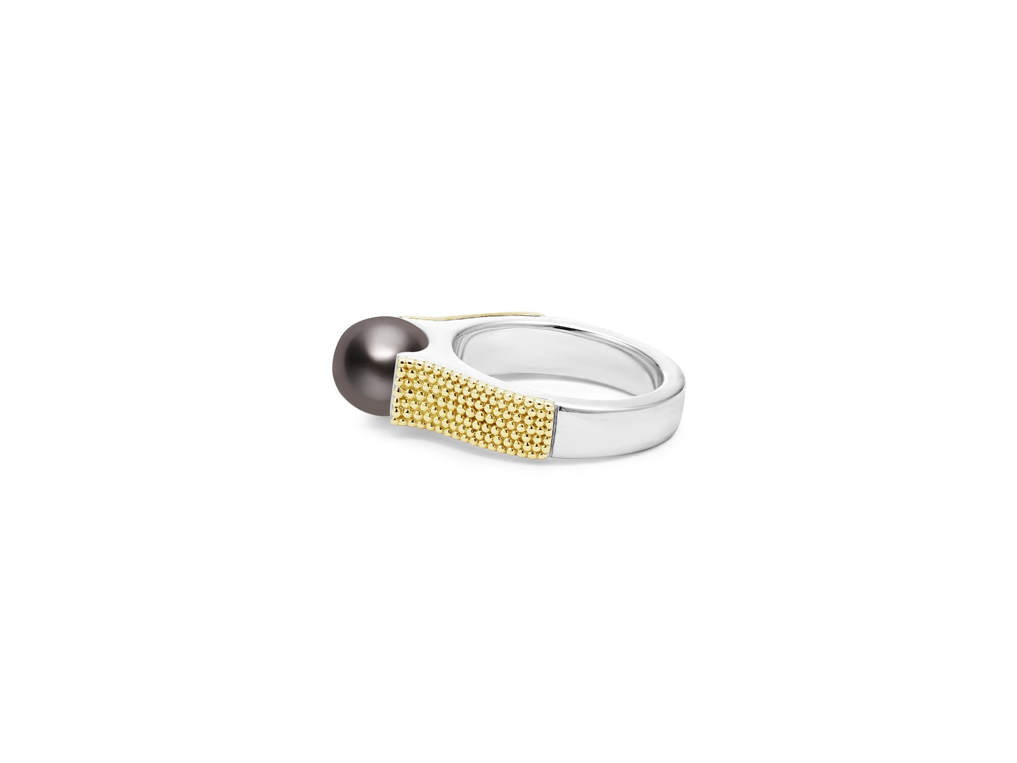 18K Yellow Gold & Sterling Silver Luna Black Tahitian Pearl Caviar Bead Ring — Image 4