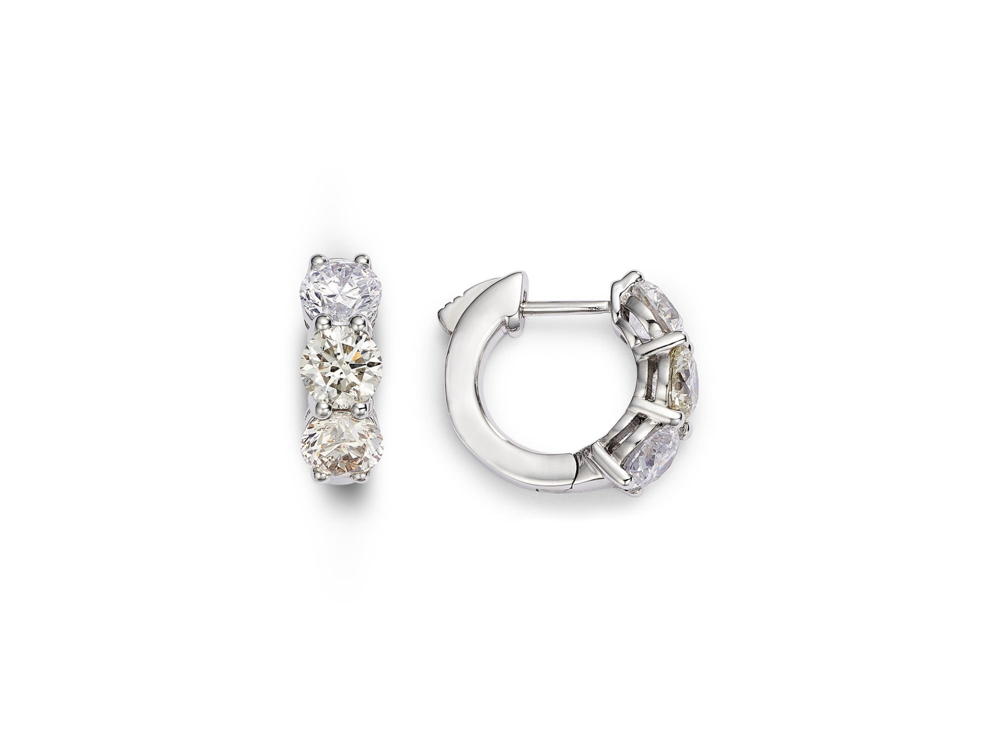 Diamond Three Stone Huggie Earrings in 14K White Gold, 3.0 tcw — Image 3
