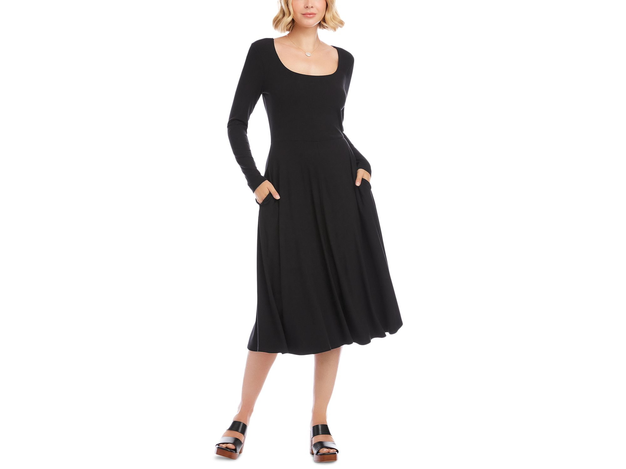 Long Sleeve Ribbed Scoop Neck A Line Dress — Image 3
