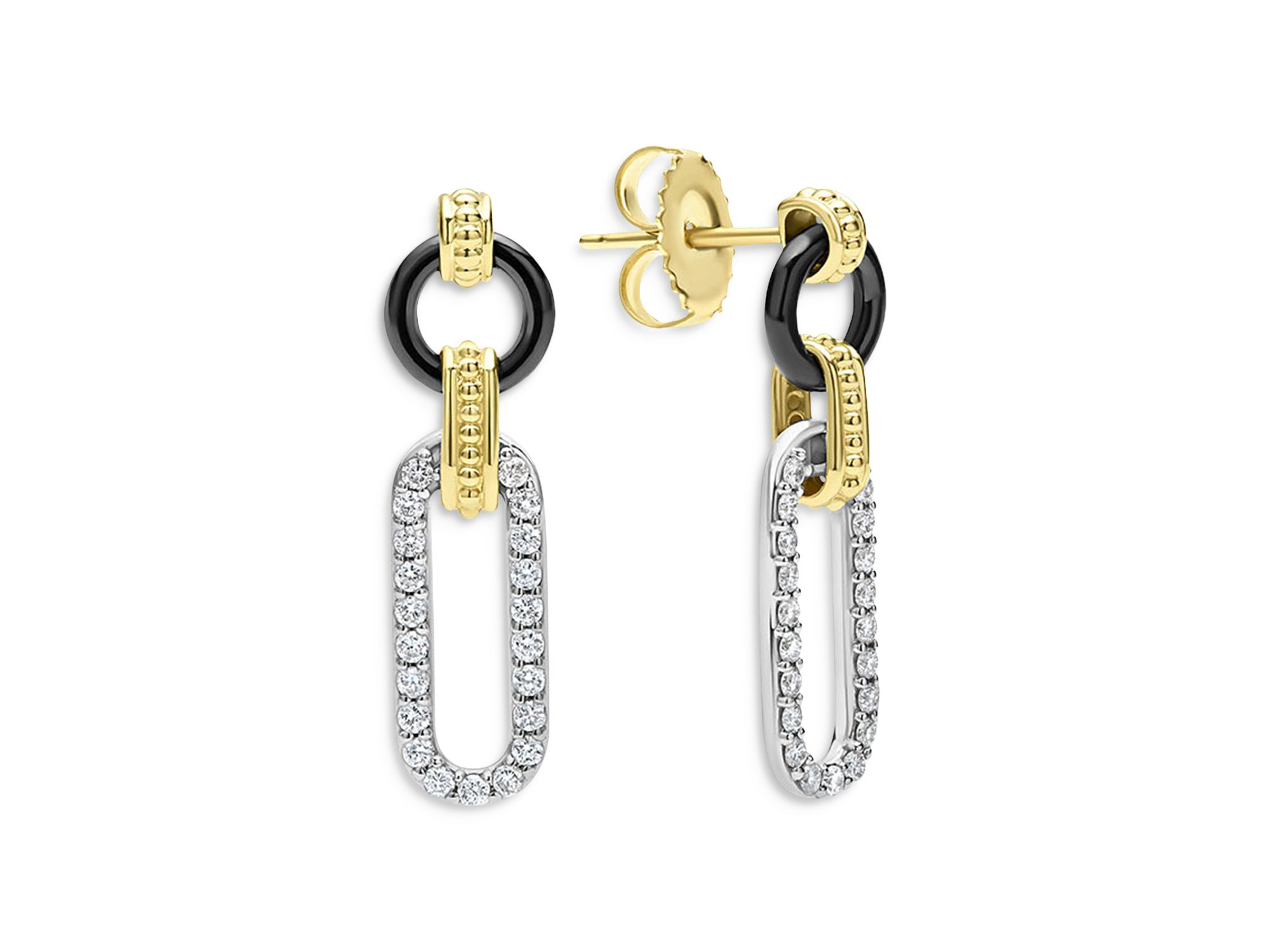 18K Gold Signature Caviar Diamond & Black Ceramic Link Drop Earrings — Image 3