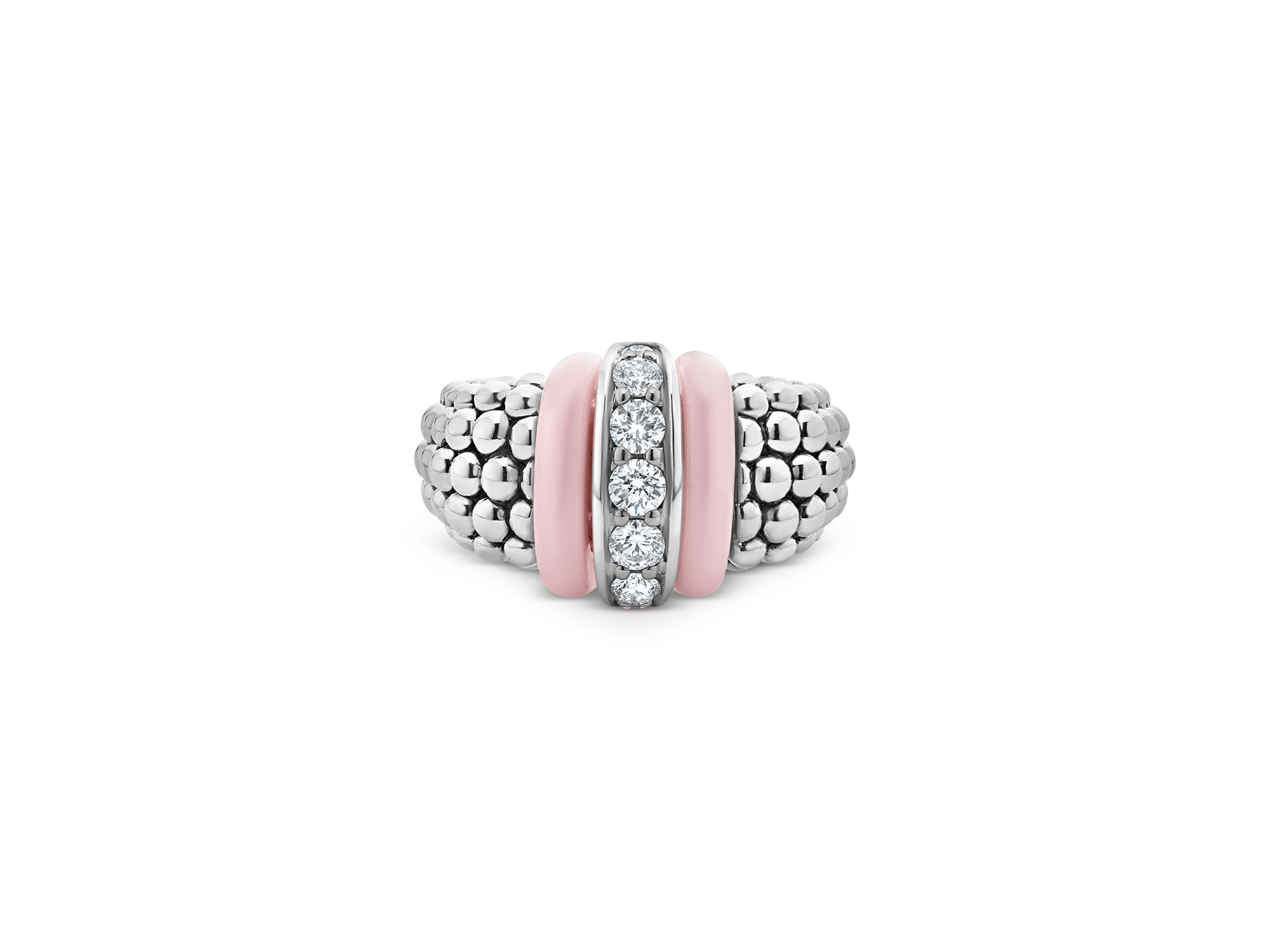 Sterling Silver Pink Caviar Diamond & Pink Ceramic Bead Statement Ring — Image 4