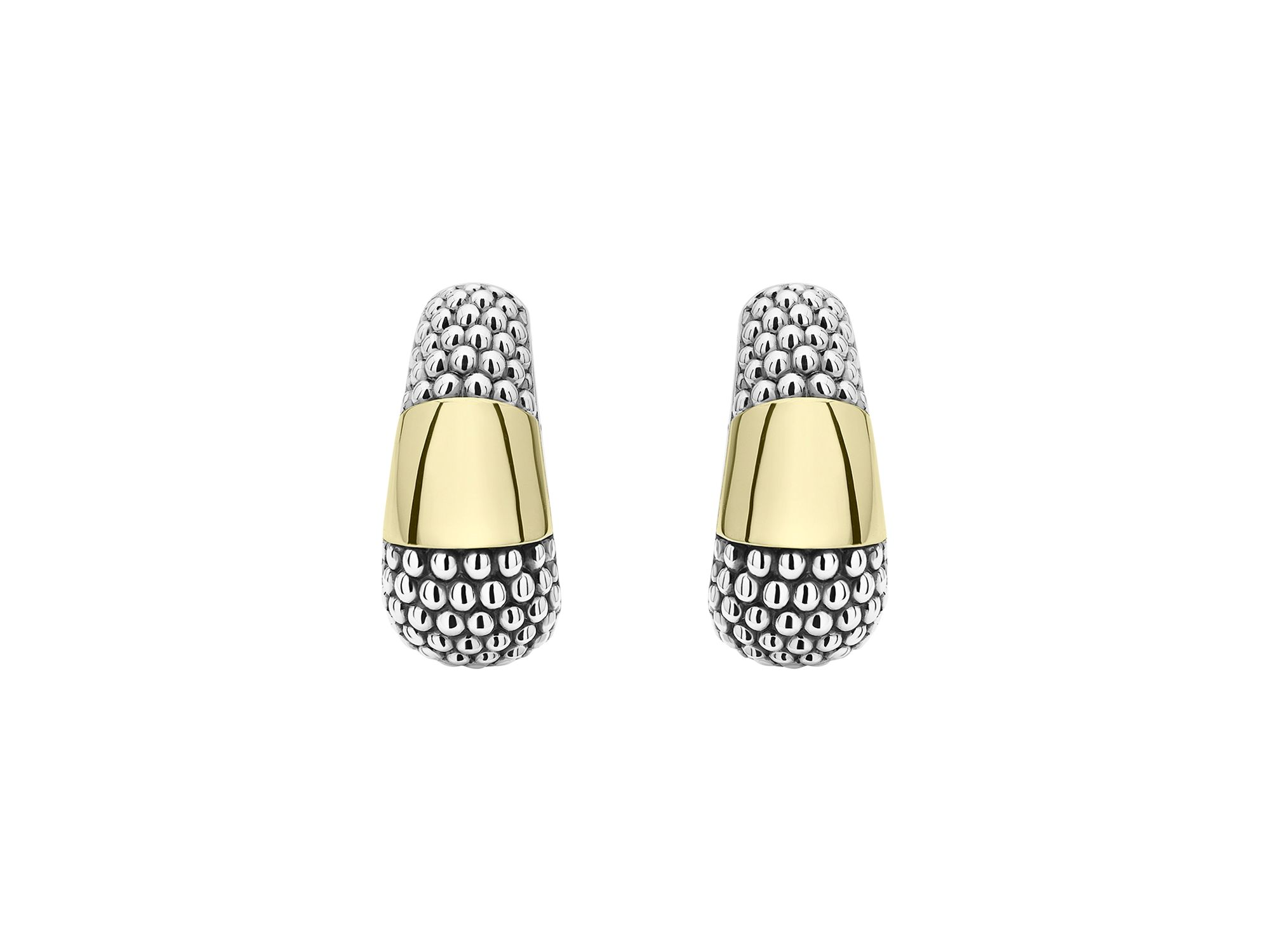18K Yellow Gold & Sterling Silver High Bar Caviar Huggie Earrings — Image 3