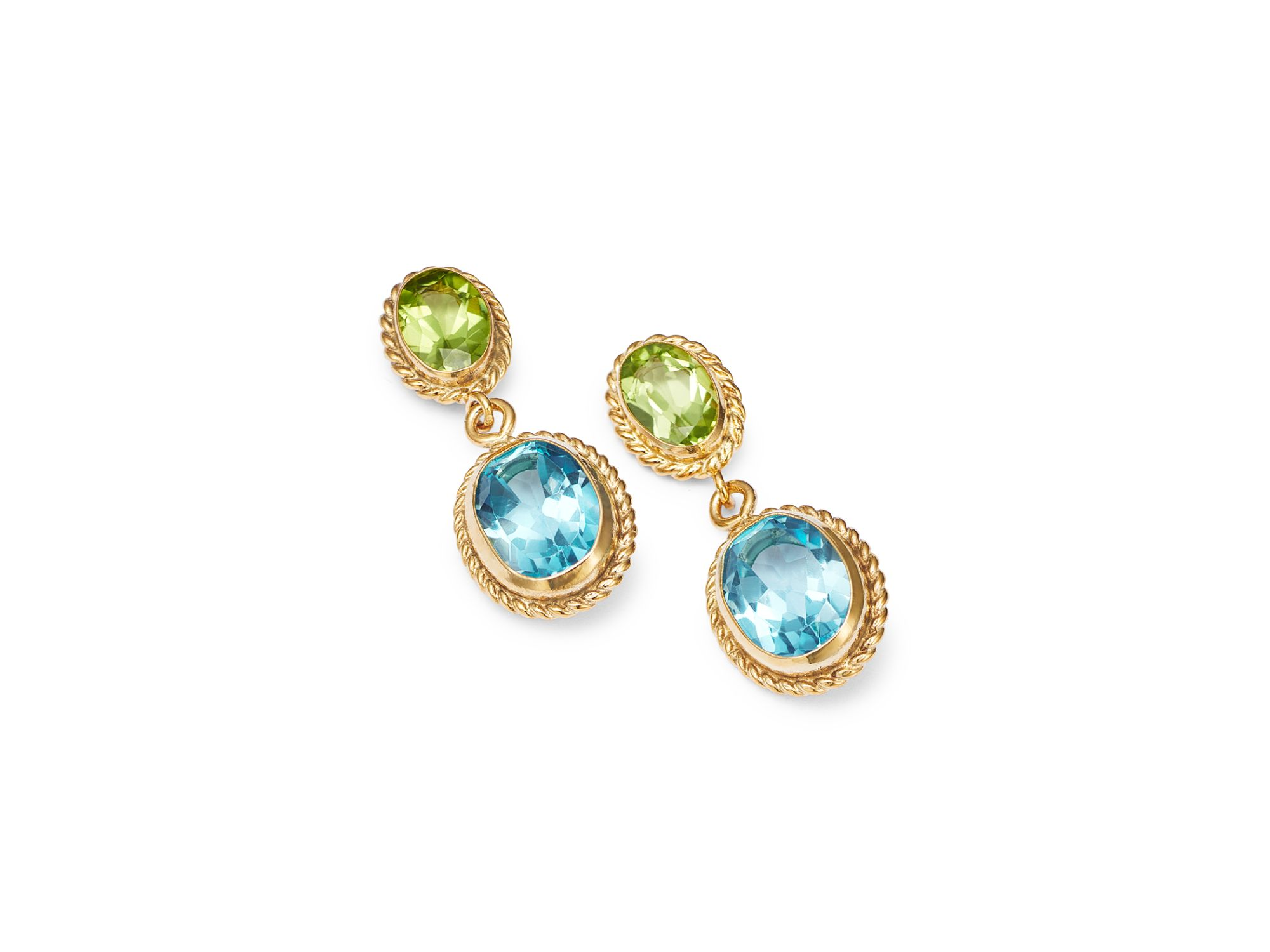 Peridot & Blue Topaz Double Drop Earrings in 14K Yellow Gold — Image 4
