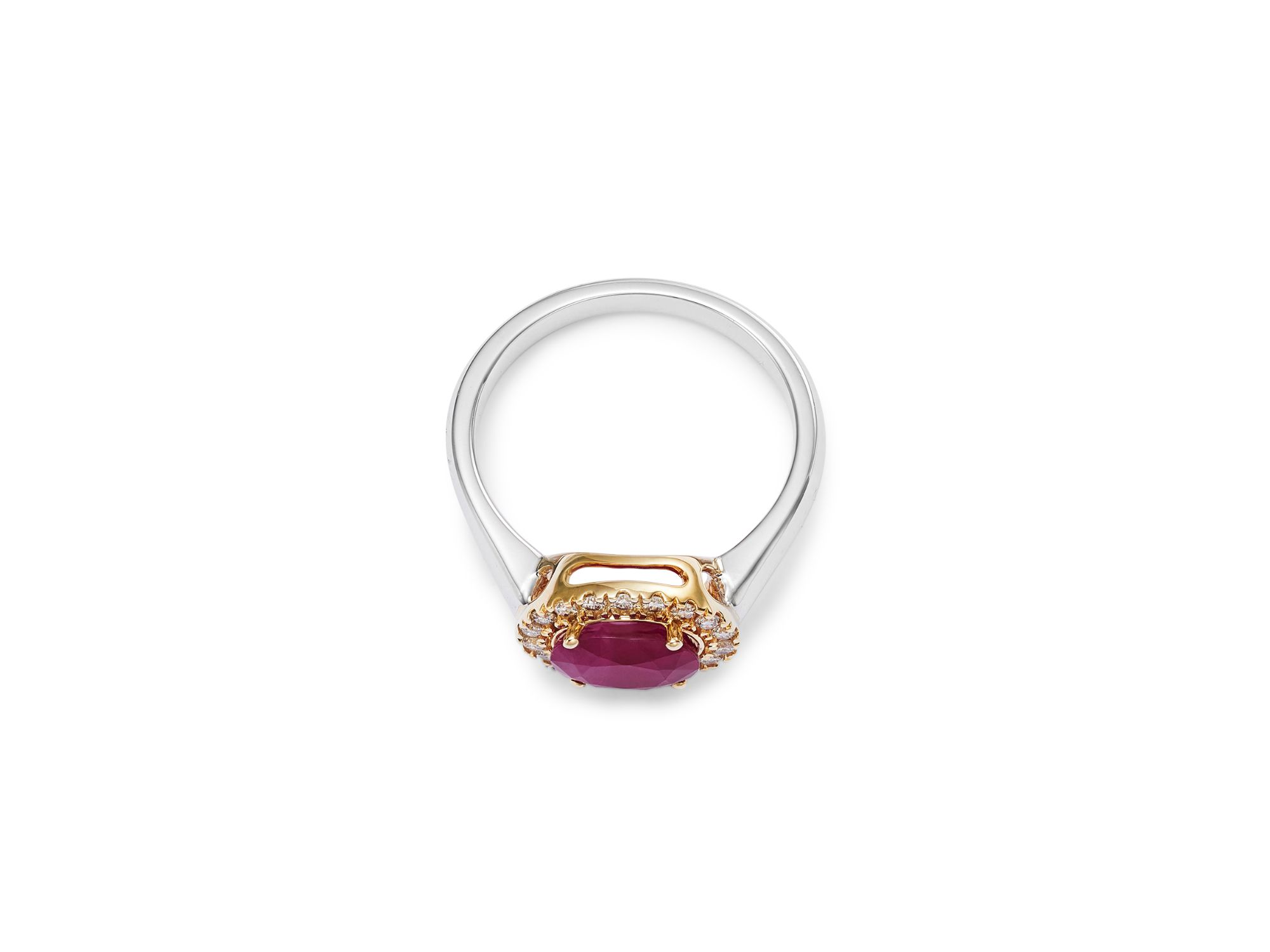Ruby & Diamond Oval Halo Ring in 14K Yellow & White Gold — Image 4