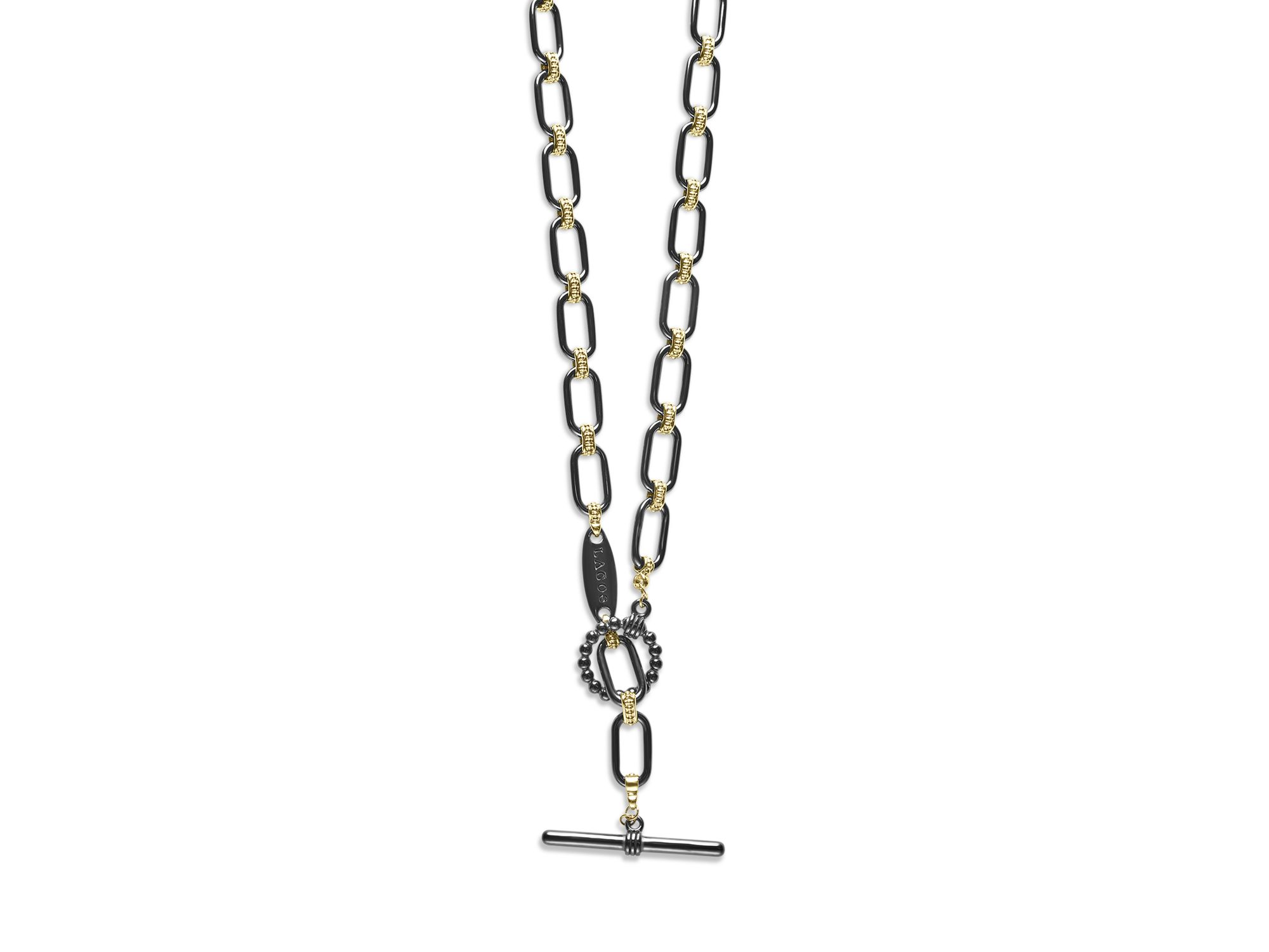 18K Yellow Gold Signature Caviar Black Ceramic Link Necklace, 16-18" — Image 3