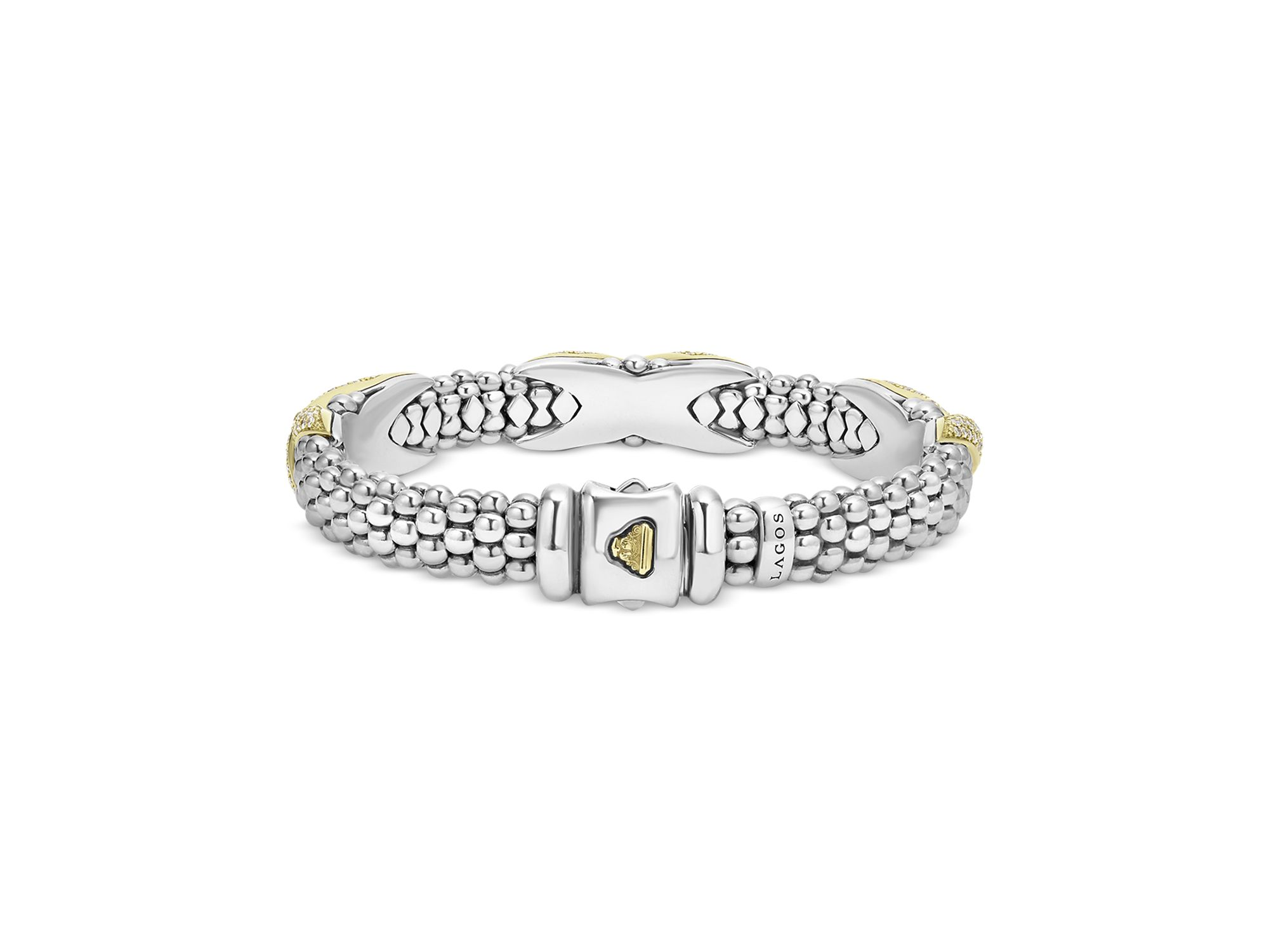 18K Yellow Gold & Sterling Silver Embrace Diamond Pavé X Station Caviar Bead Bracelet — Image 5
