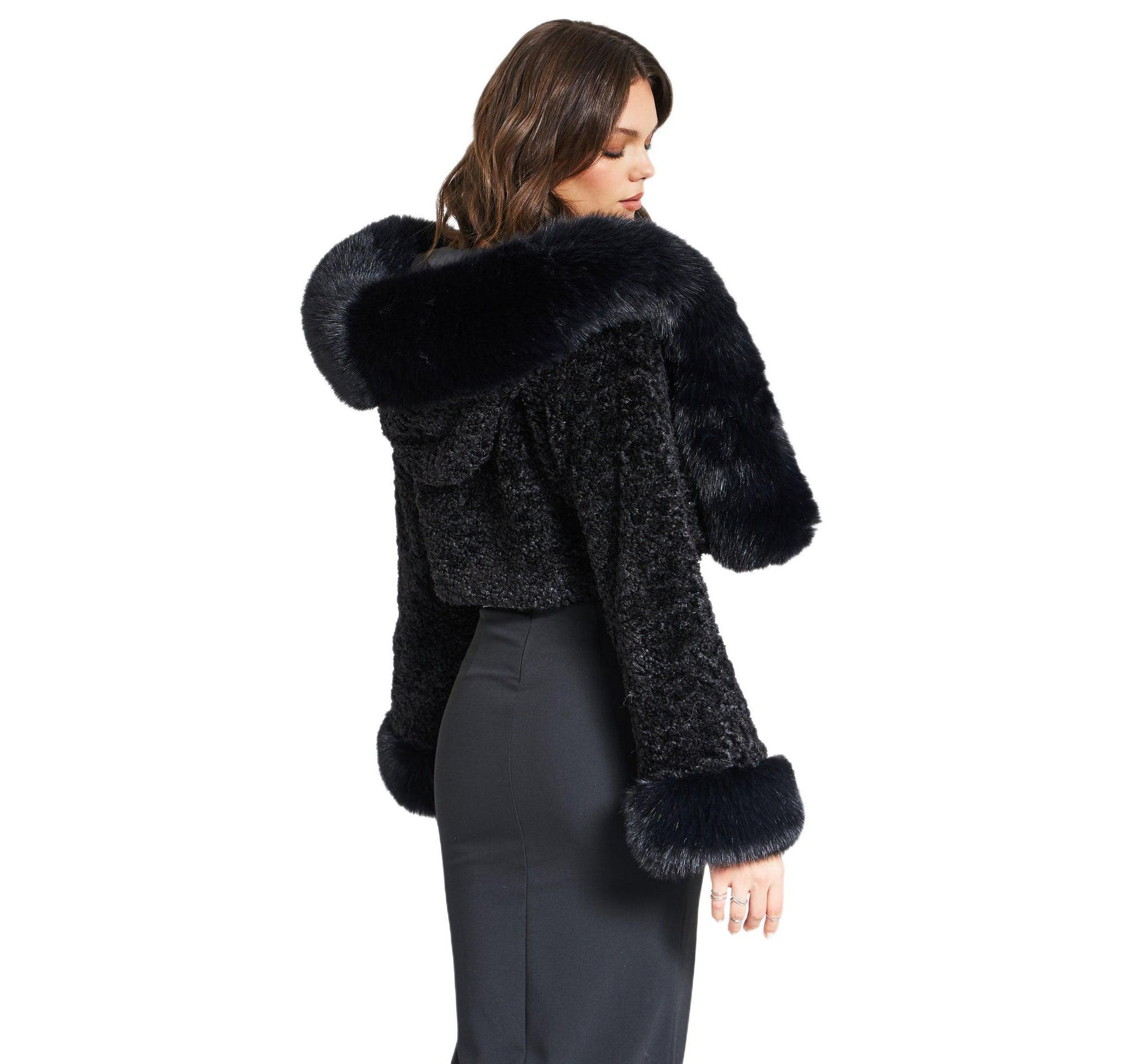 Kali Faux Fur Cropped Jacket with Hood — Image 7
