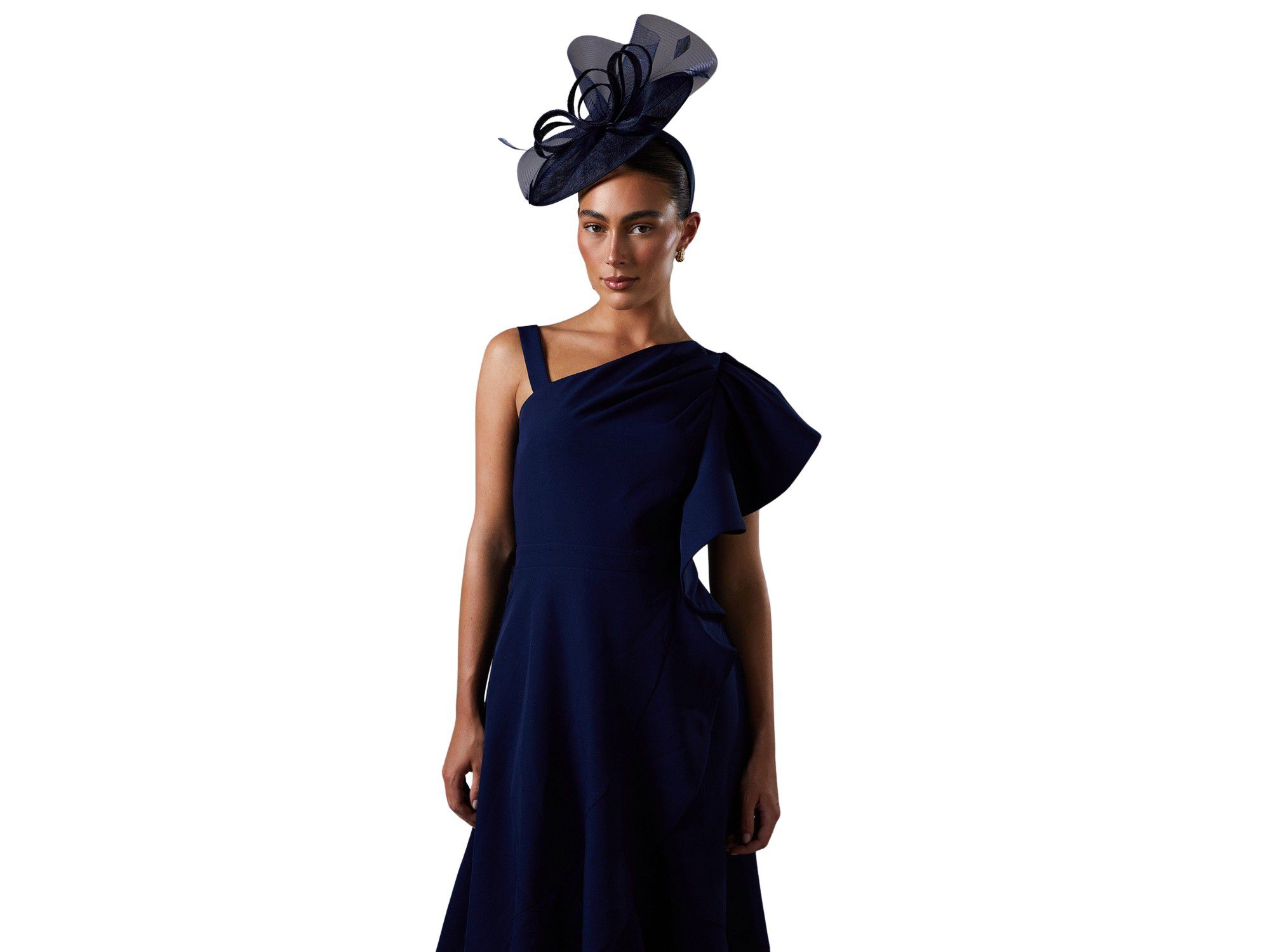 One Shoulder Crepe Ruffle Midi Dress — Image 3