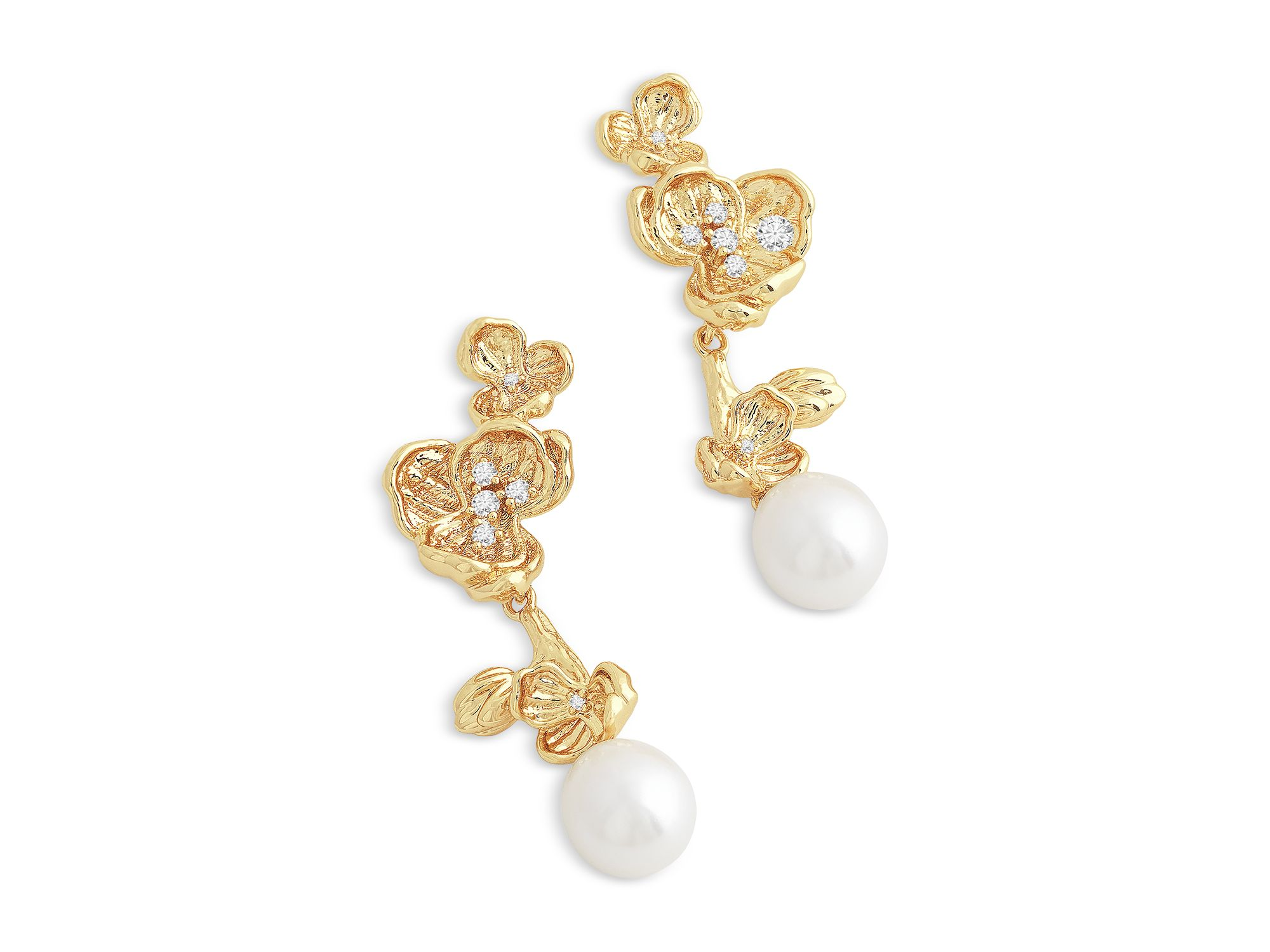 Pavé & Cultured Freshwater Pearl Orchid Drop Earrings in 18K Gold Plated — Image 4