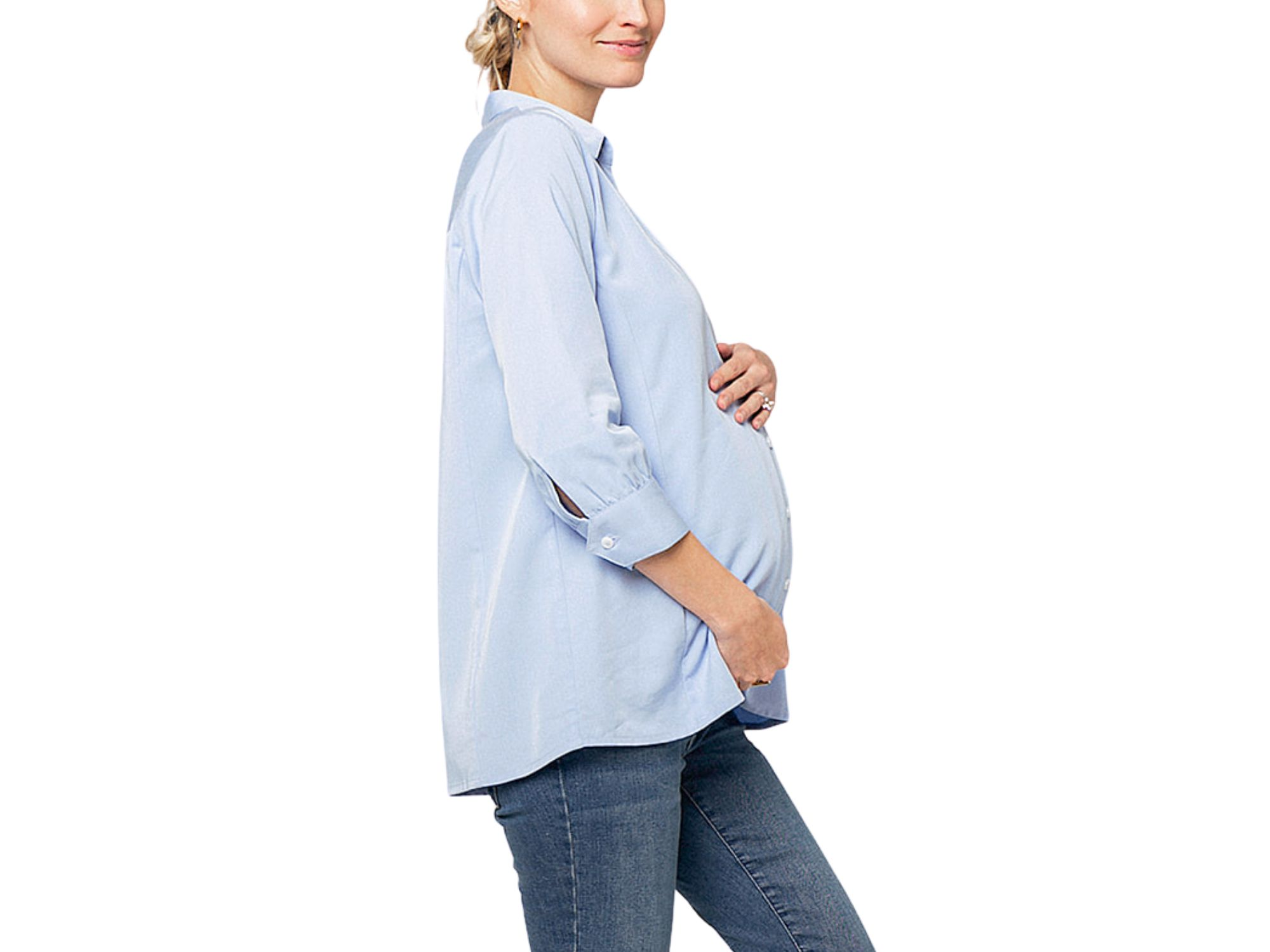 Women's No-Gap 3/4 Sleeve Maternity & Nursing Button Down Shirt in with Bra Concealing Design in TENCEL (Regular & Petite) — Image 5