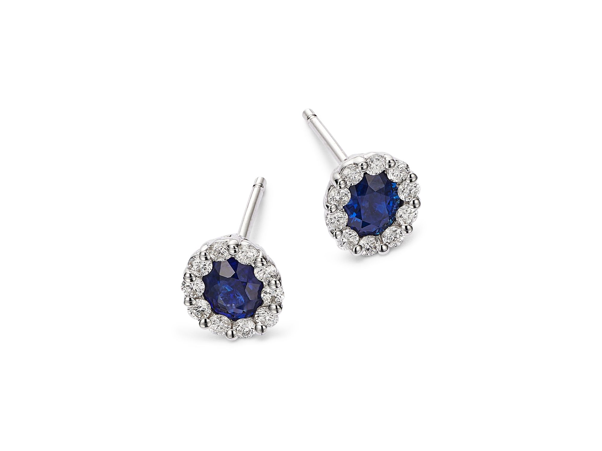 Blue Sapphire & Diamond Halo Stud Earrings in 14K White Gold — Image 3