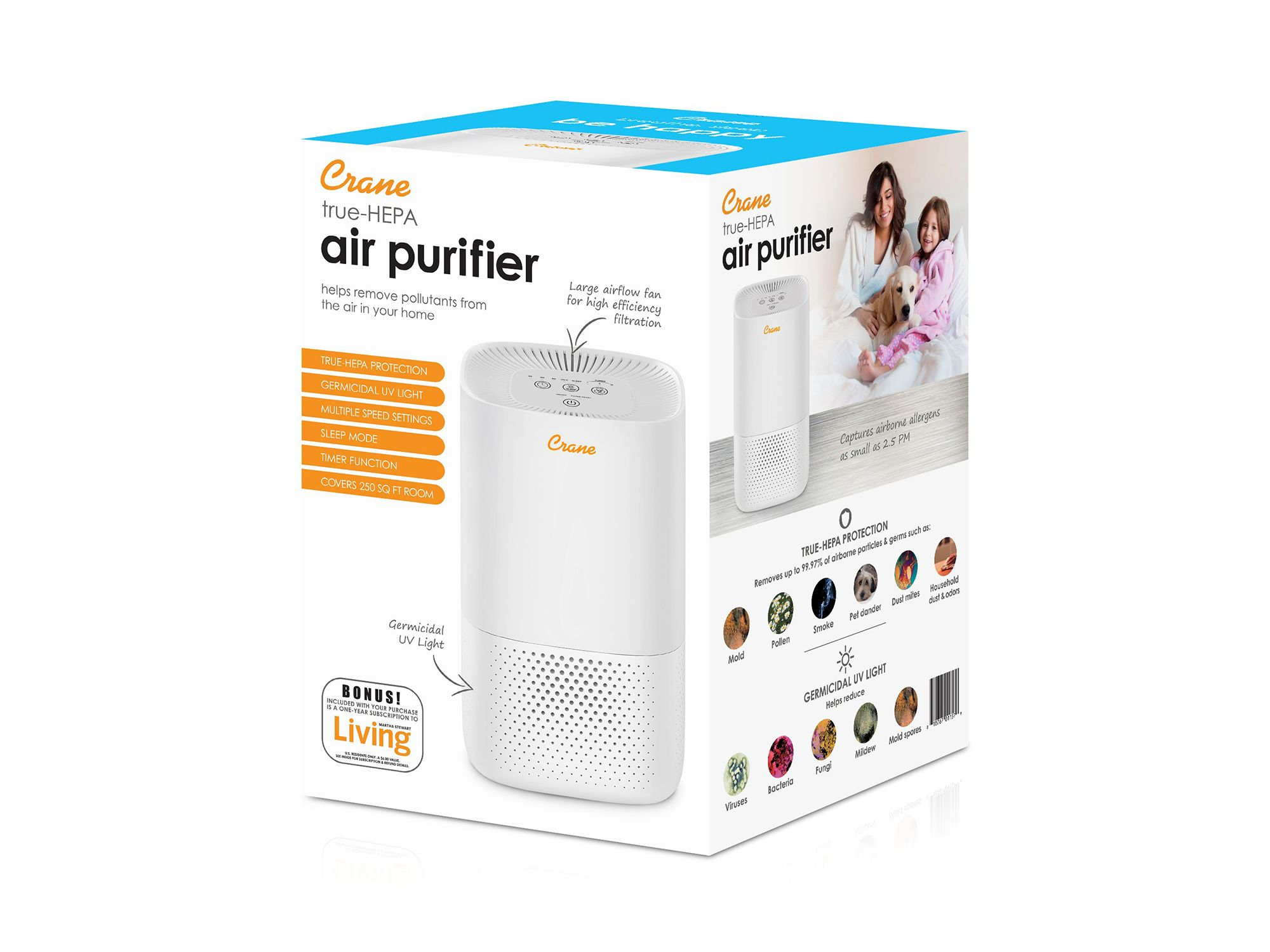 Crane Air Purifier with True HEPA Filter, UV Light, 250 Sq Feet Coverage, Timer Function, Sleep Mode, Washable Particle Filter, EE-5067 — Image 8