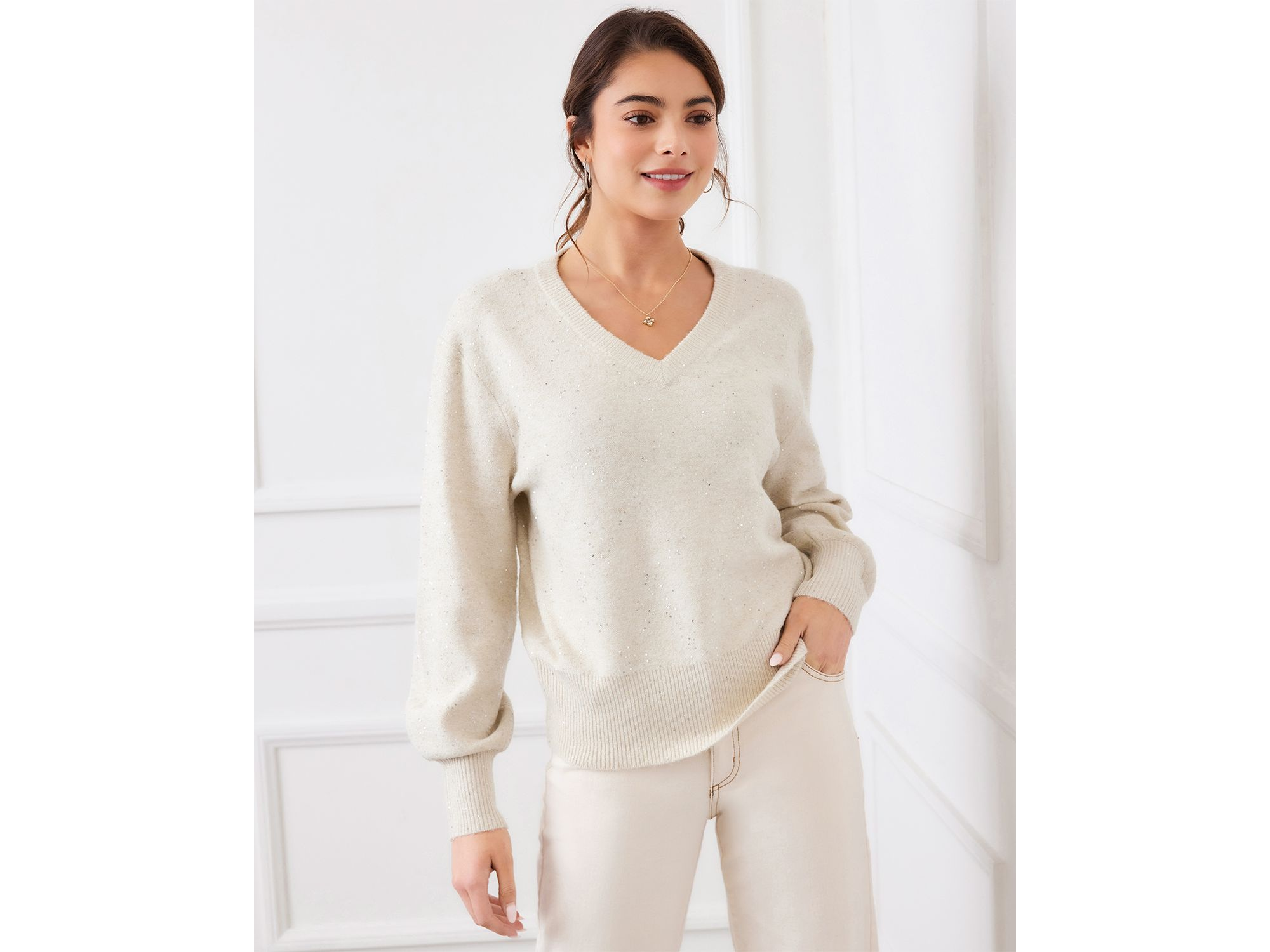 Sequinned V Neck Sweater — Image 5
