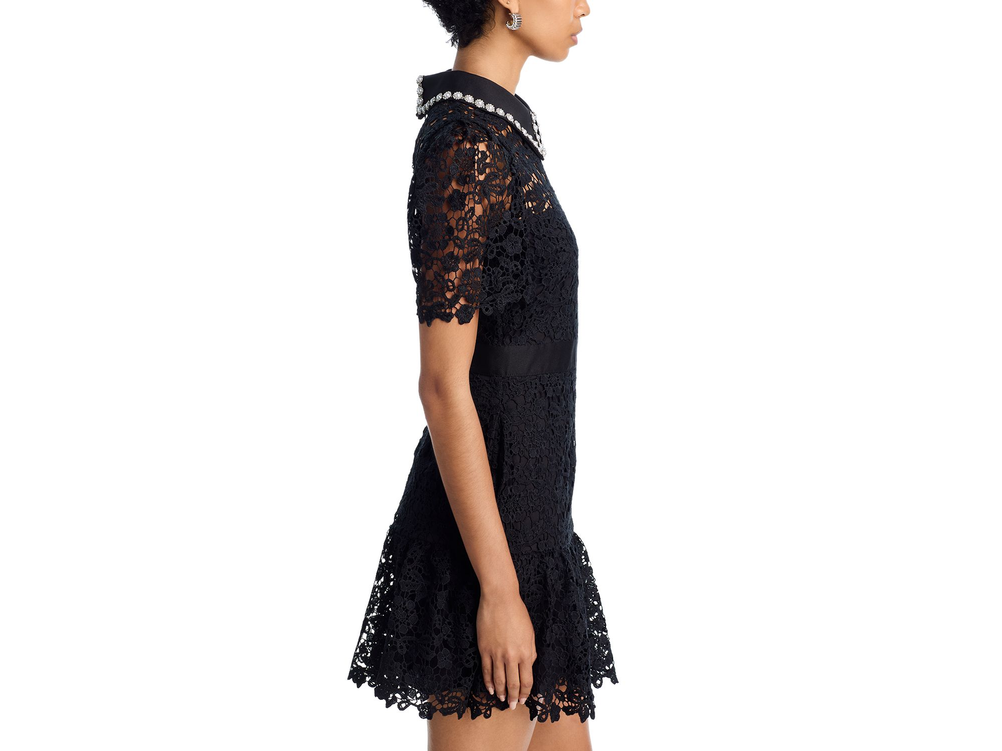 Pearl Trim Short Sleeve Lace Mini Dress - Exclusive — Image 4