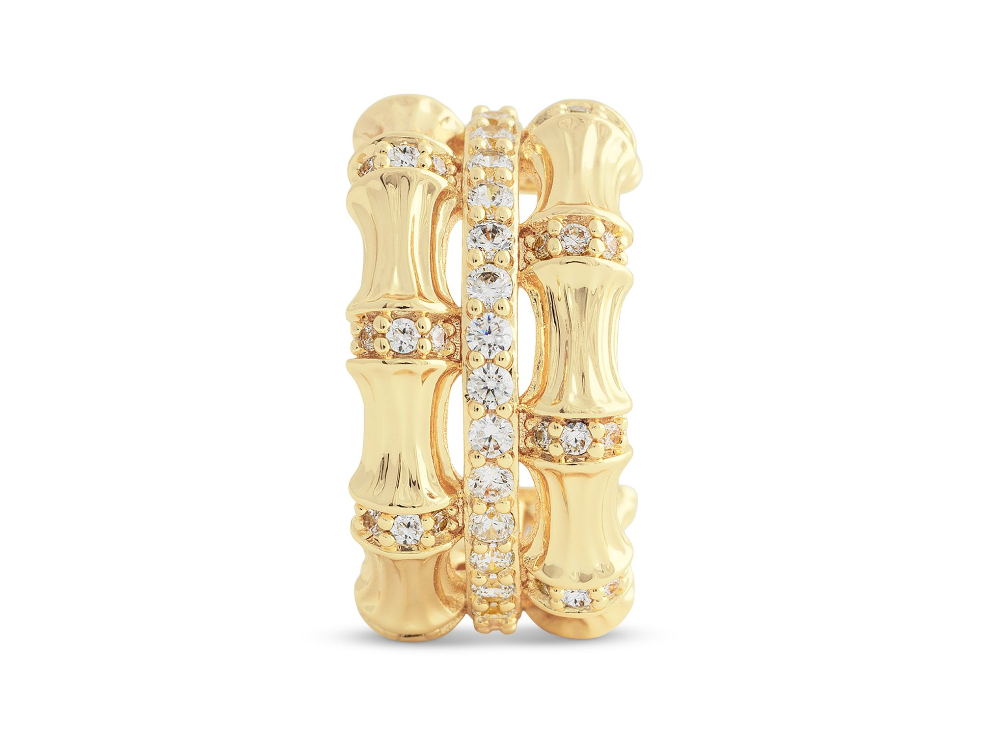 Pavé Bamboo Stacked Half Hoop Earrings in 18K Gold Plated — Image 3