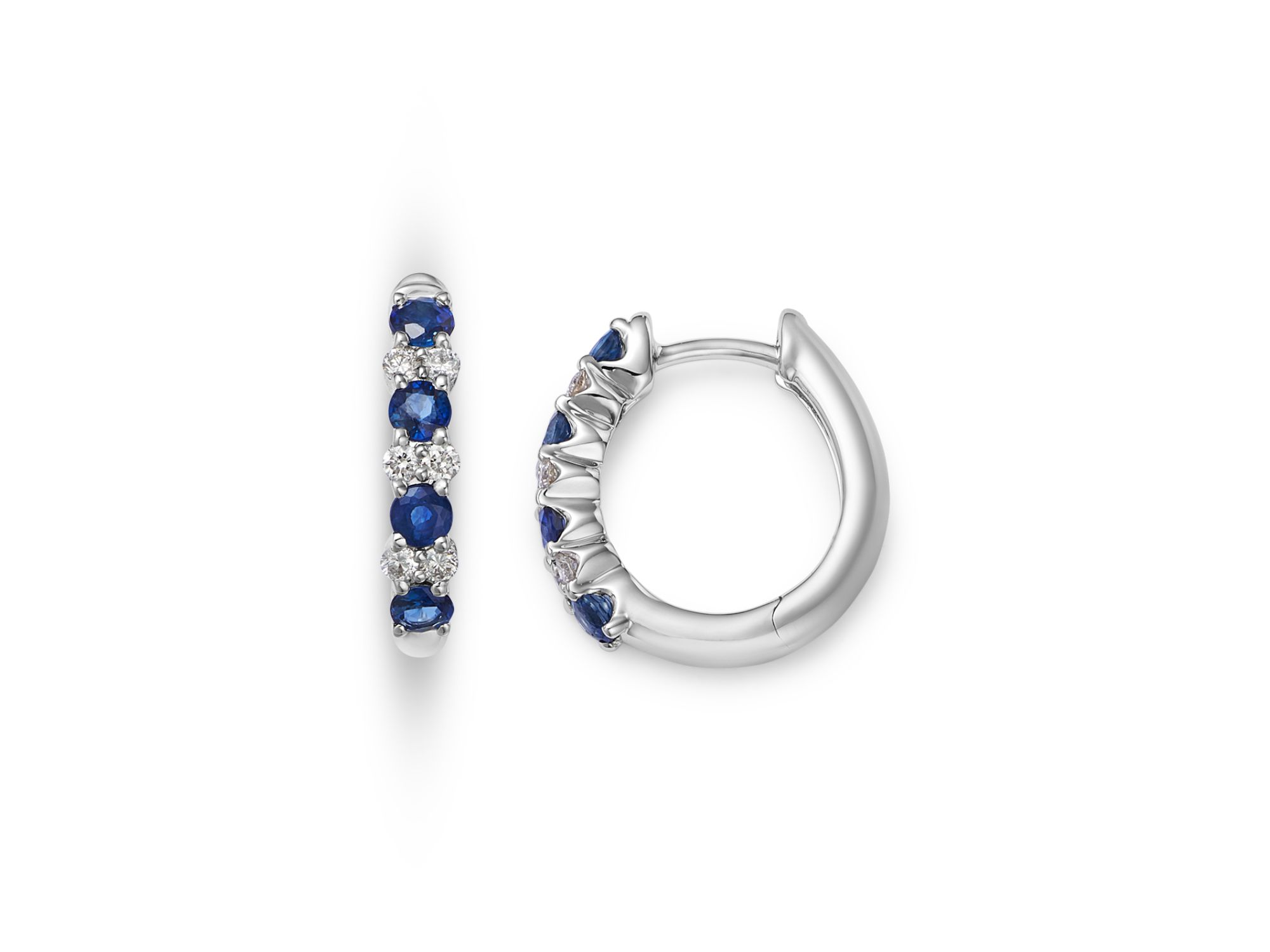 Blue Sapphire & Diamond Huggie Hoop Earrings in 14K White Gold — Image 3
