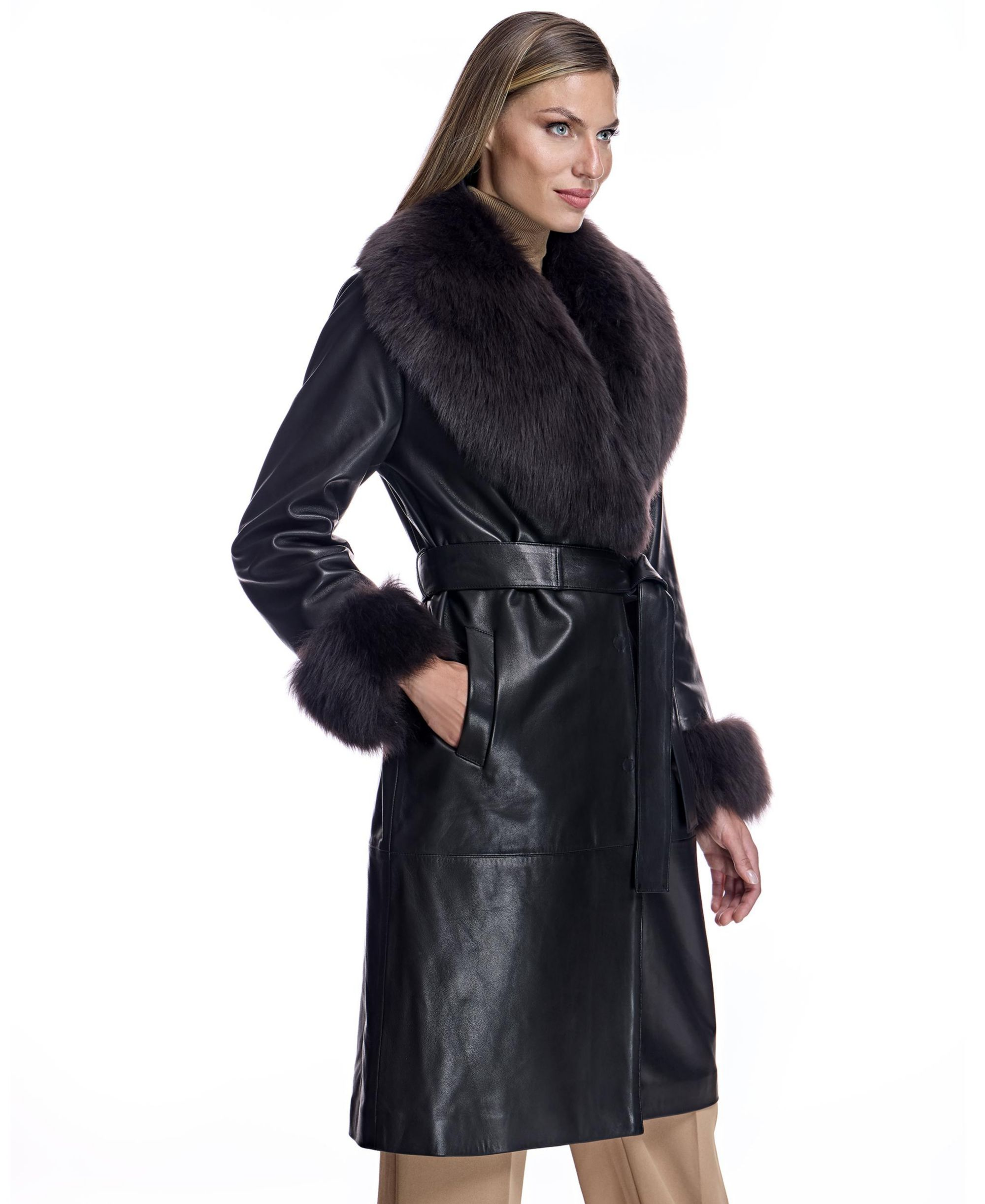 Leather Coat with Shearling Trim — Image 3