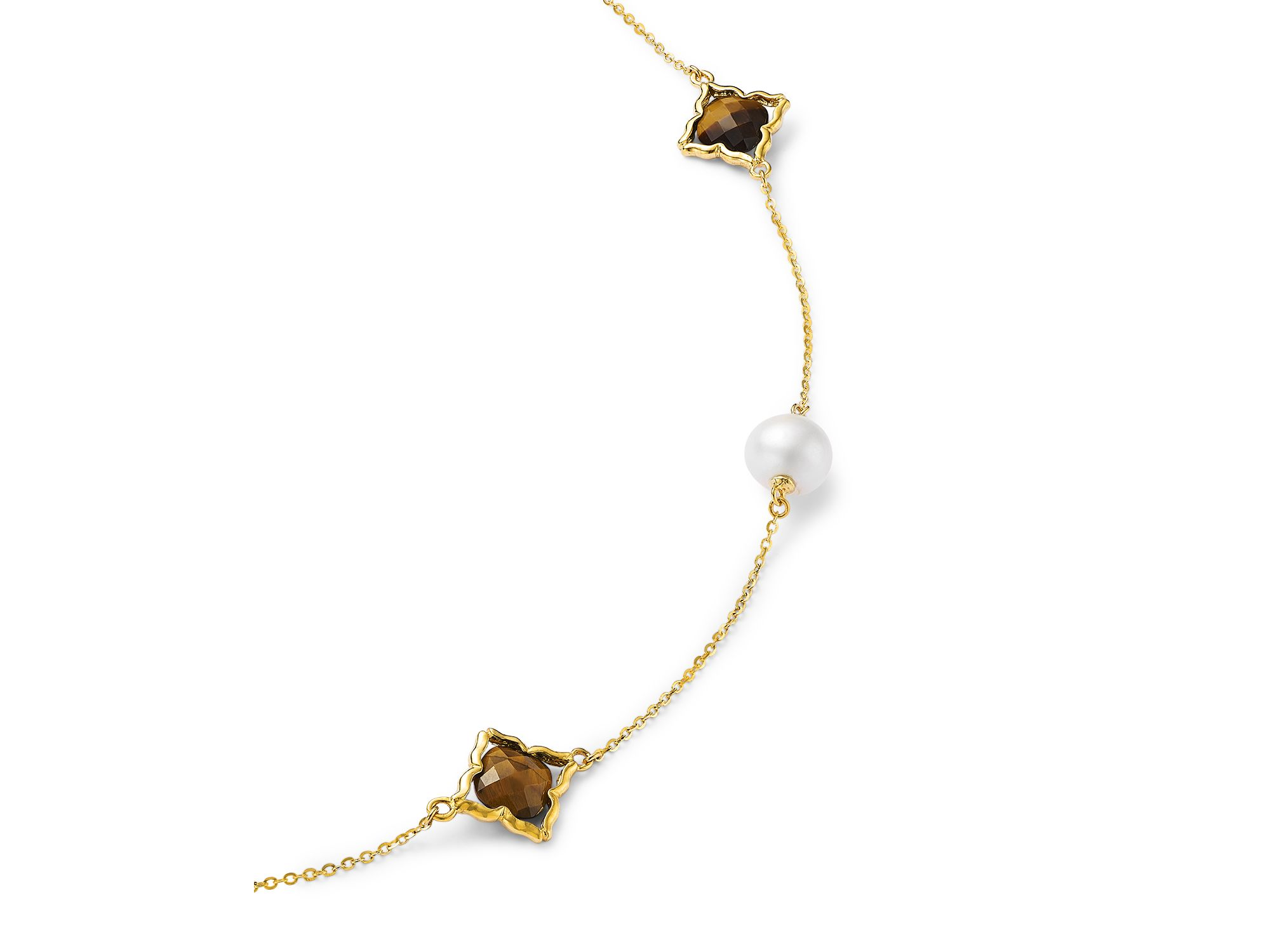 Tiger Eye & Cultured Freshwater Pearl Necklace in 14K Yellow Gold, 22" — Image 3