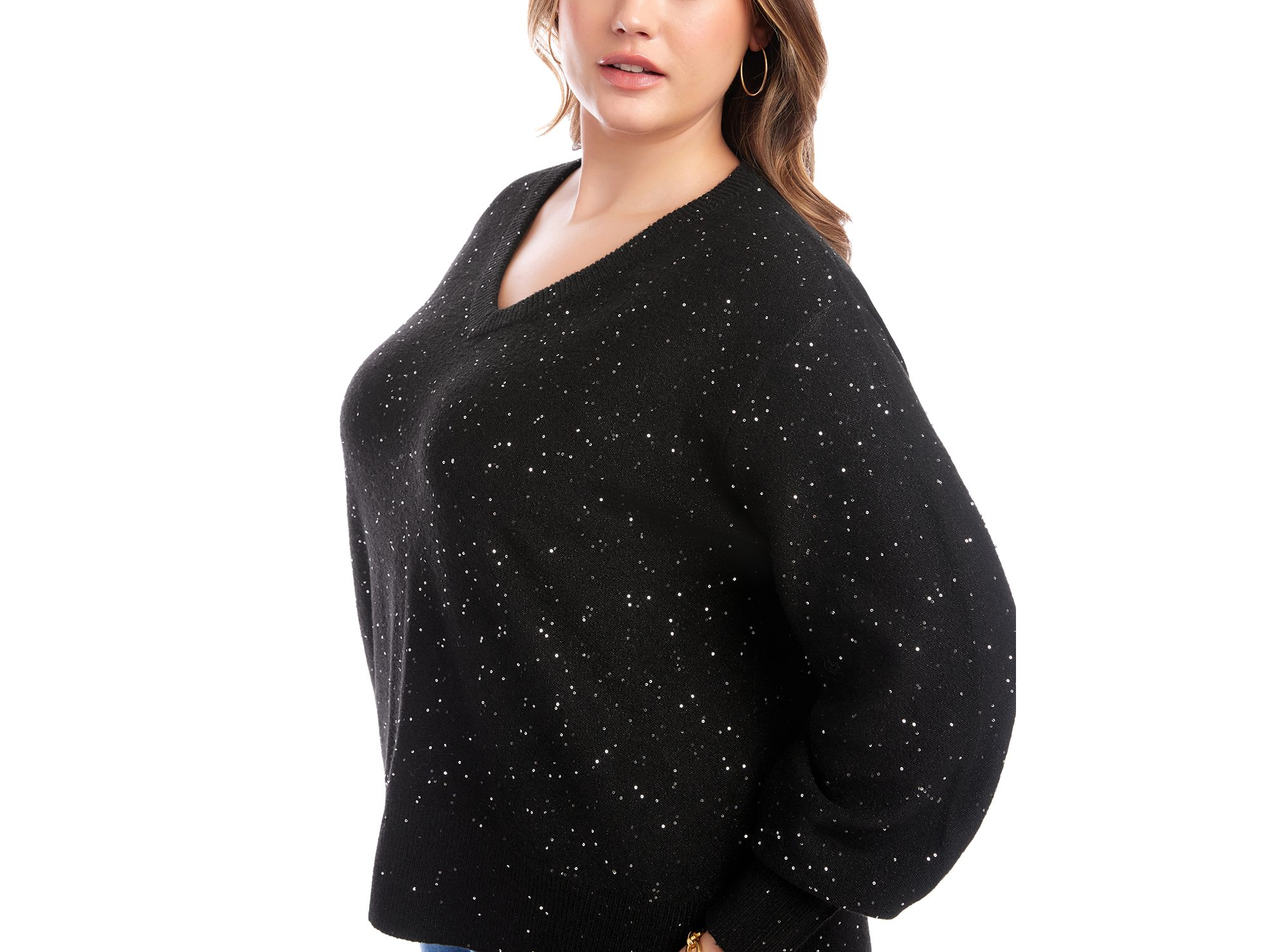 Plus Size Sequin V Neck Sweater — Image 3