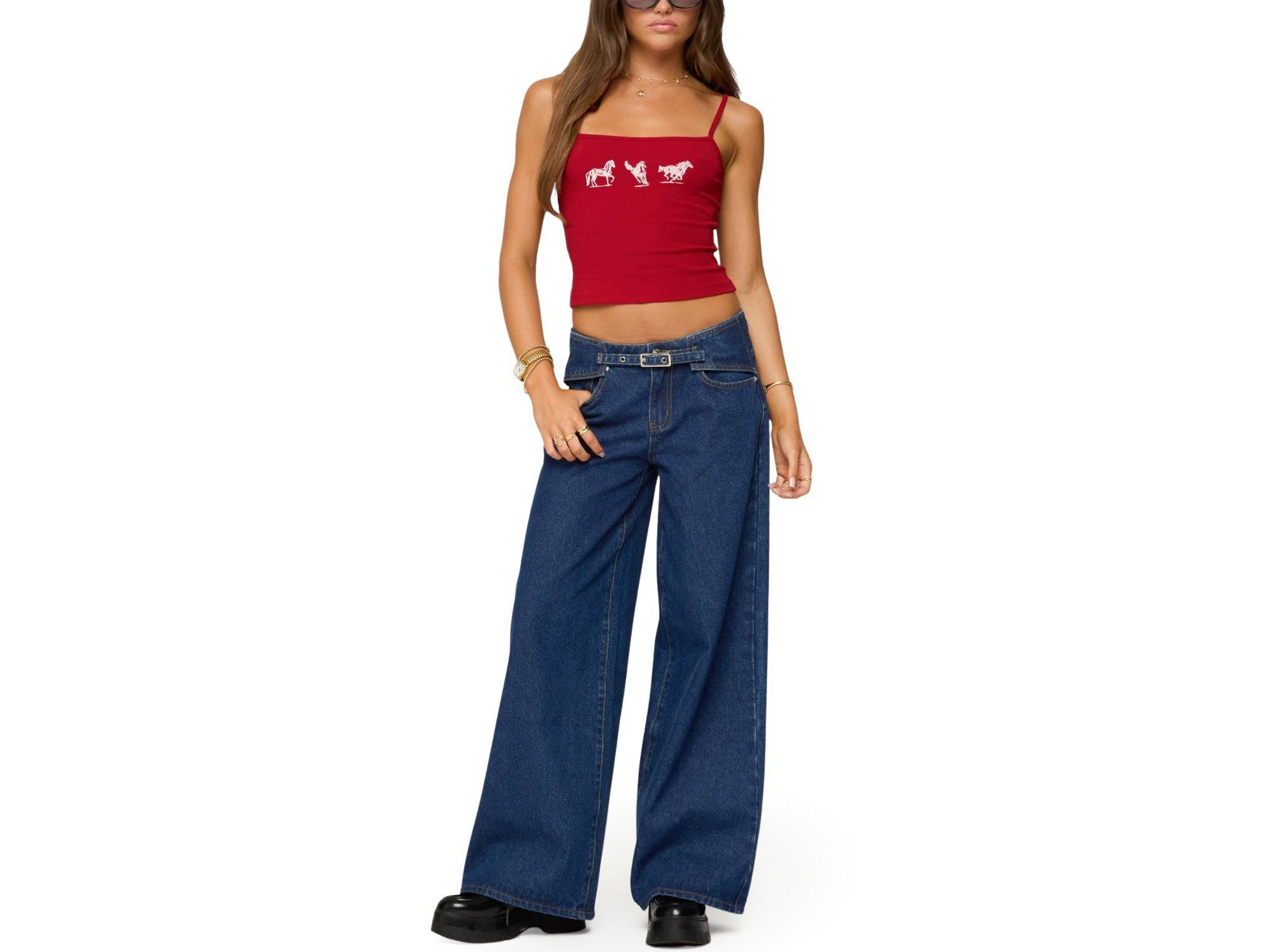 Edie Belt Detail Low Rise Jeans in Dark Rinse Wash — Image 3