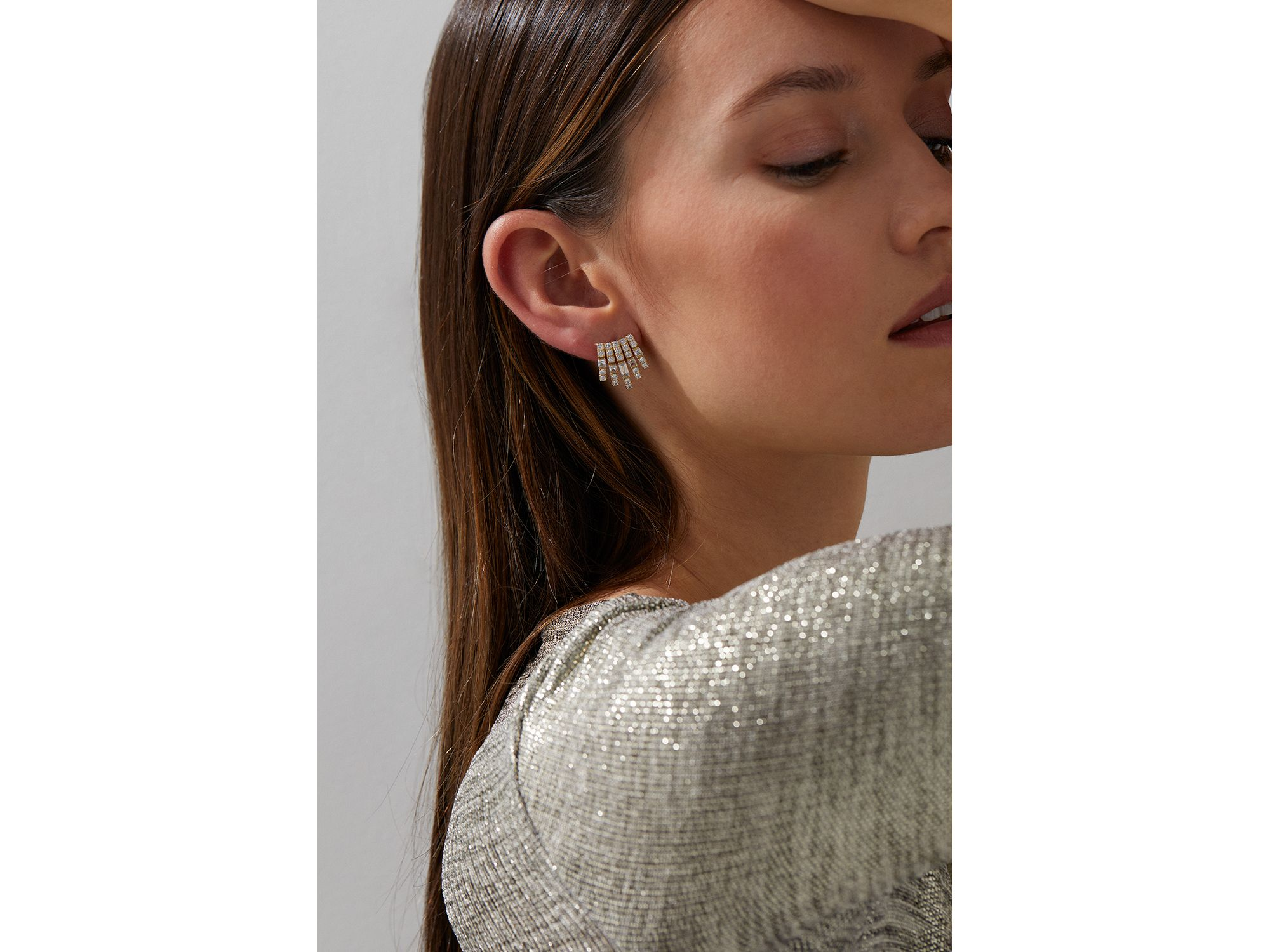 Cubic Zirconia Multi Row Stud Earrings in Rhodium Plated — Image 3