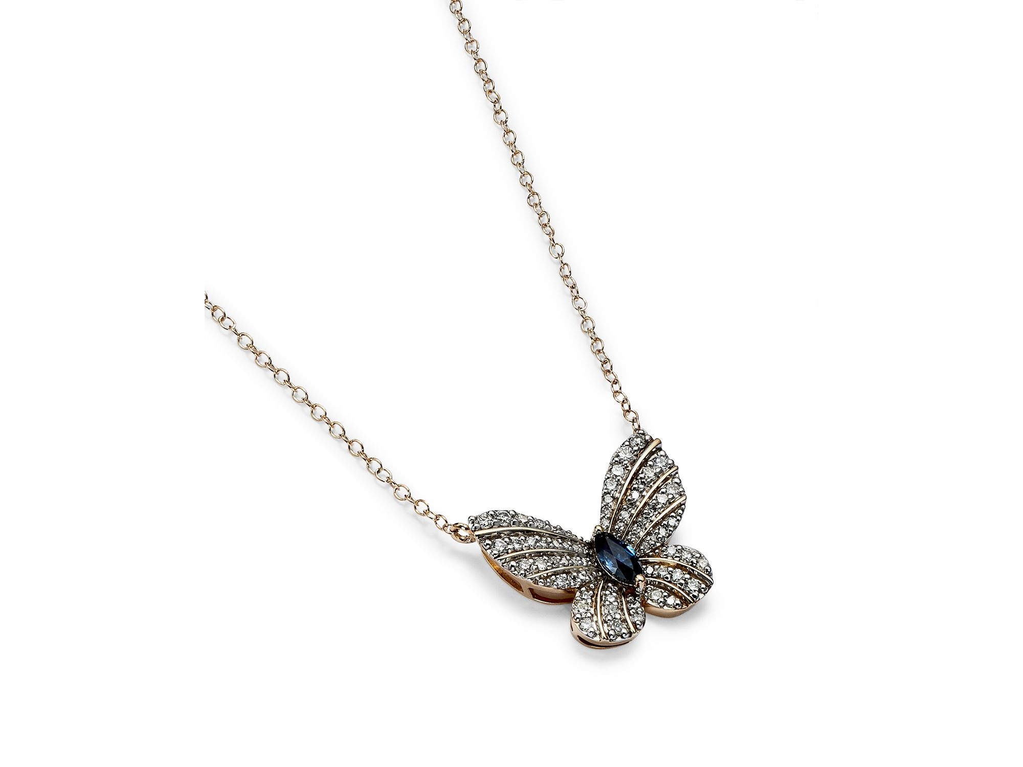 Diamond and Blue Sapphire Butterfly Pendant Necklace in 14K Yellow Gold, 17" — Image 3