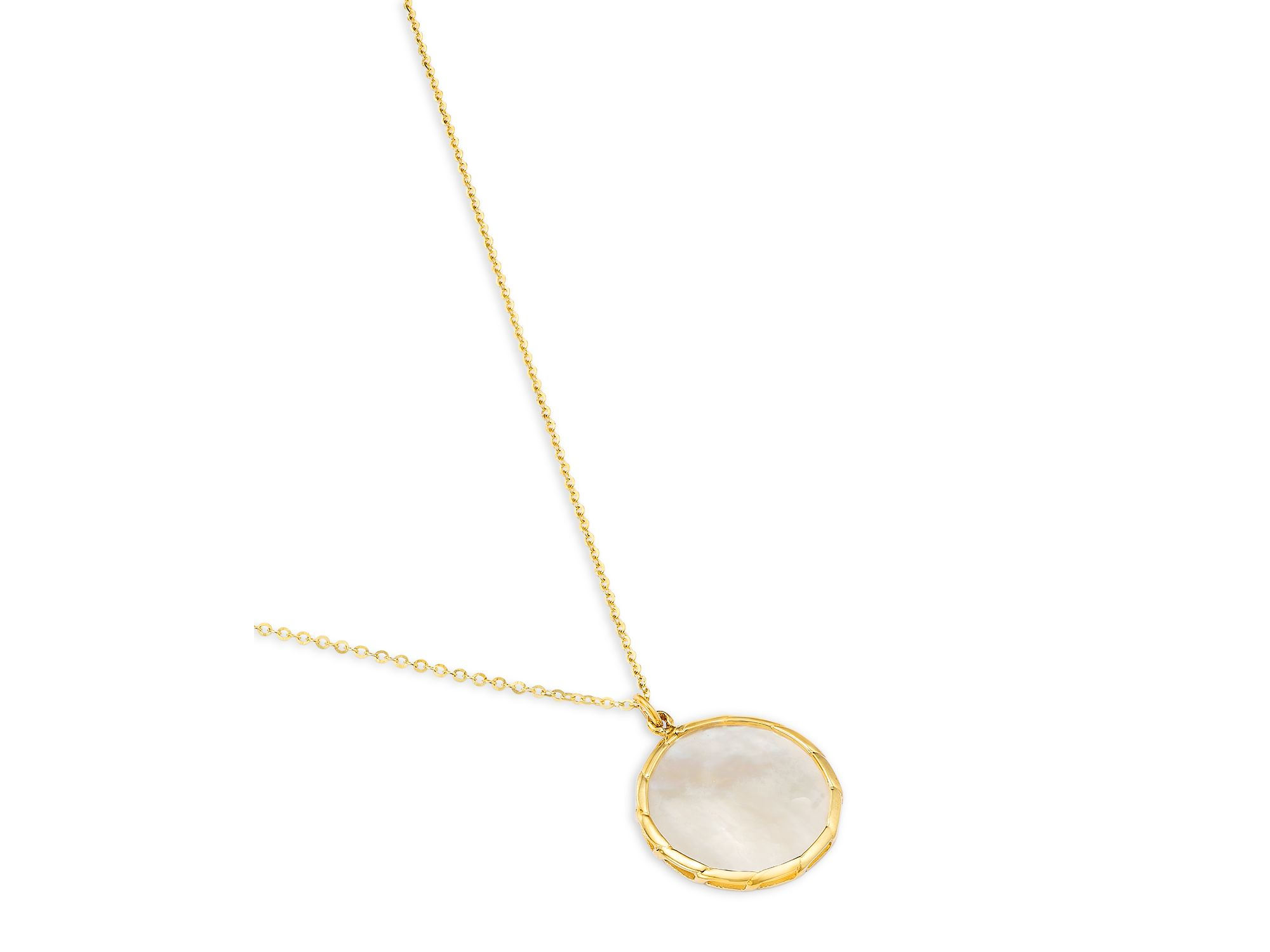 White Mother of Pearl Bezel Pendant Necklace in 14K Yellow Gold, 16-18" — Image 3
