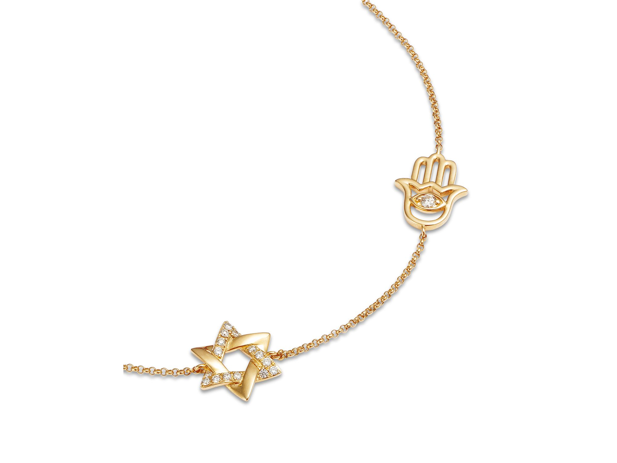 Diamond Hamsa Hand & Star of David Bracelet in 14K Yellow Gold, 0.15 tcw — Image 3