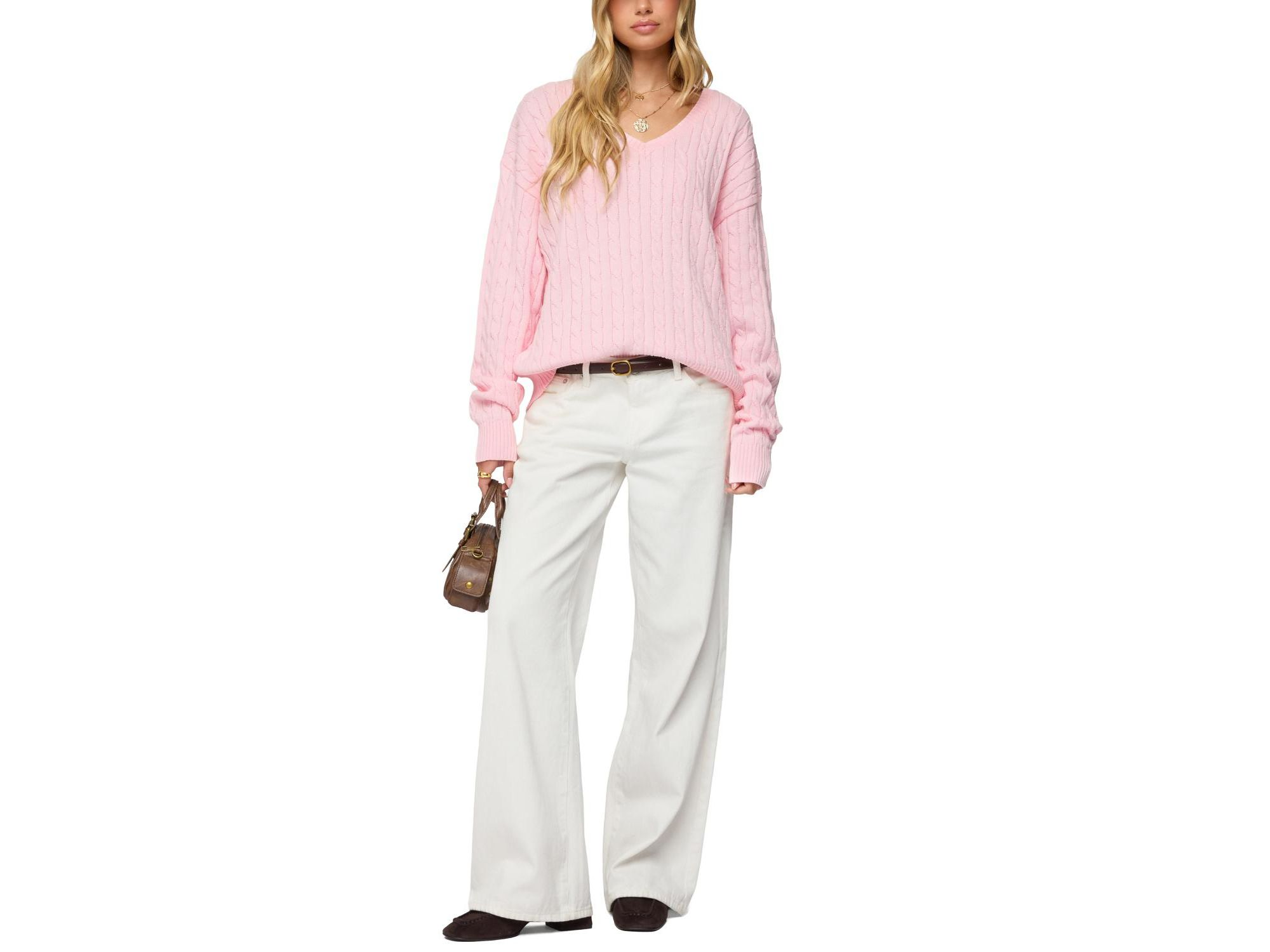 Polly V Neck Cable Knit Sweater — Image 4