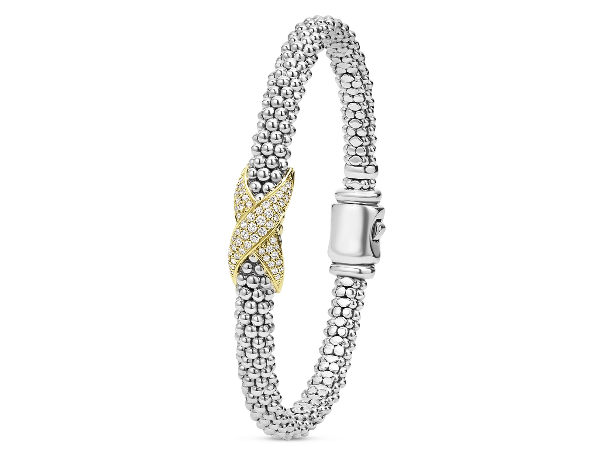 18K Yellow Gold & Sterling Silver Embrace Diamond Pavé X Caviar Bead Bracelet — Image 3
