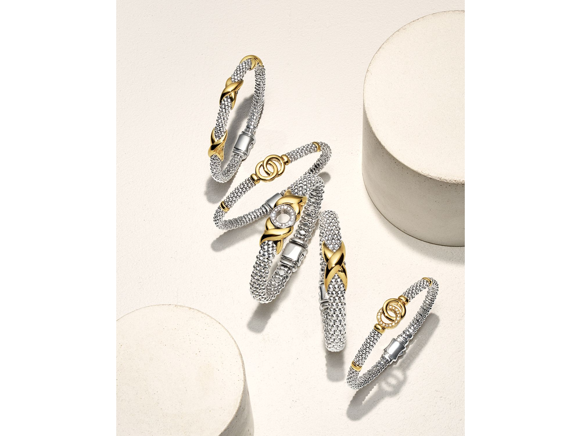 18K Yellow Gold & Sterling Silver Caviar Diamond Interlocking Link Bracelet — Image 3
