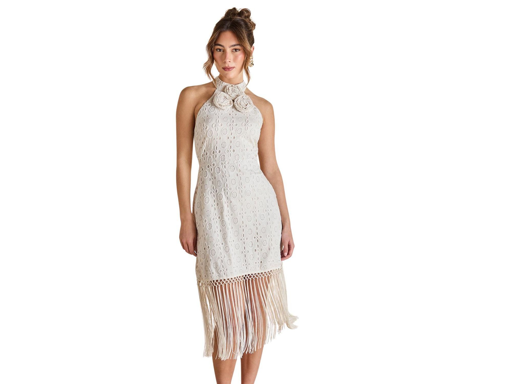 Broderie Embellished Fringe Halter Dress — Image 3