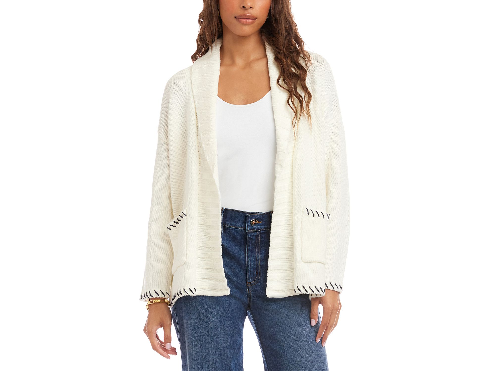 Contrast Stitch Open Front Cardigan Sweater - Image 1