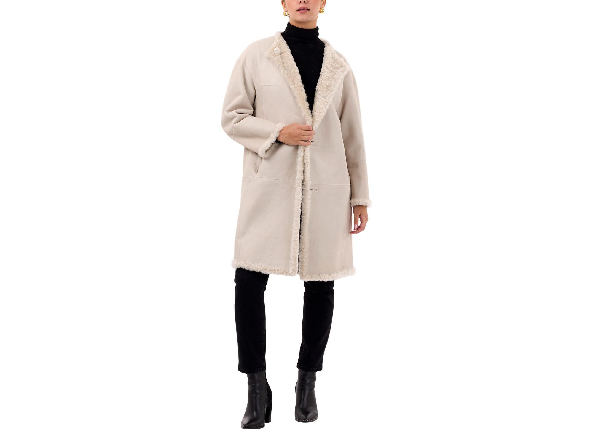 Reversible Collarless Shearling Coat — Image 7