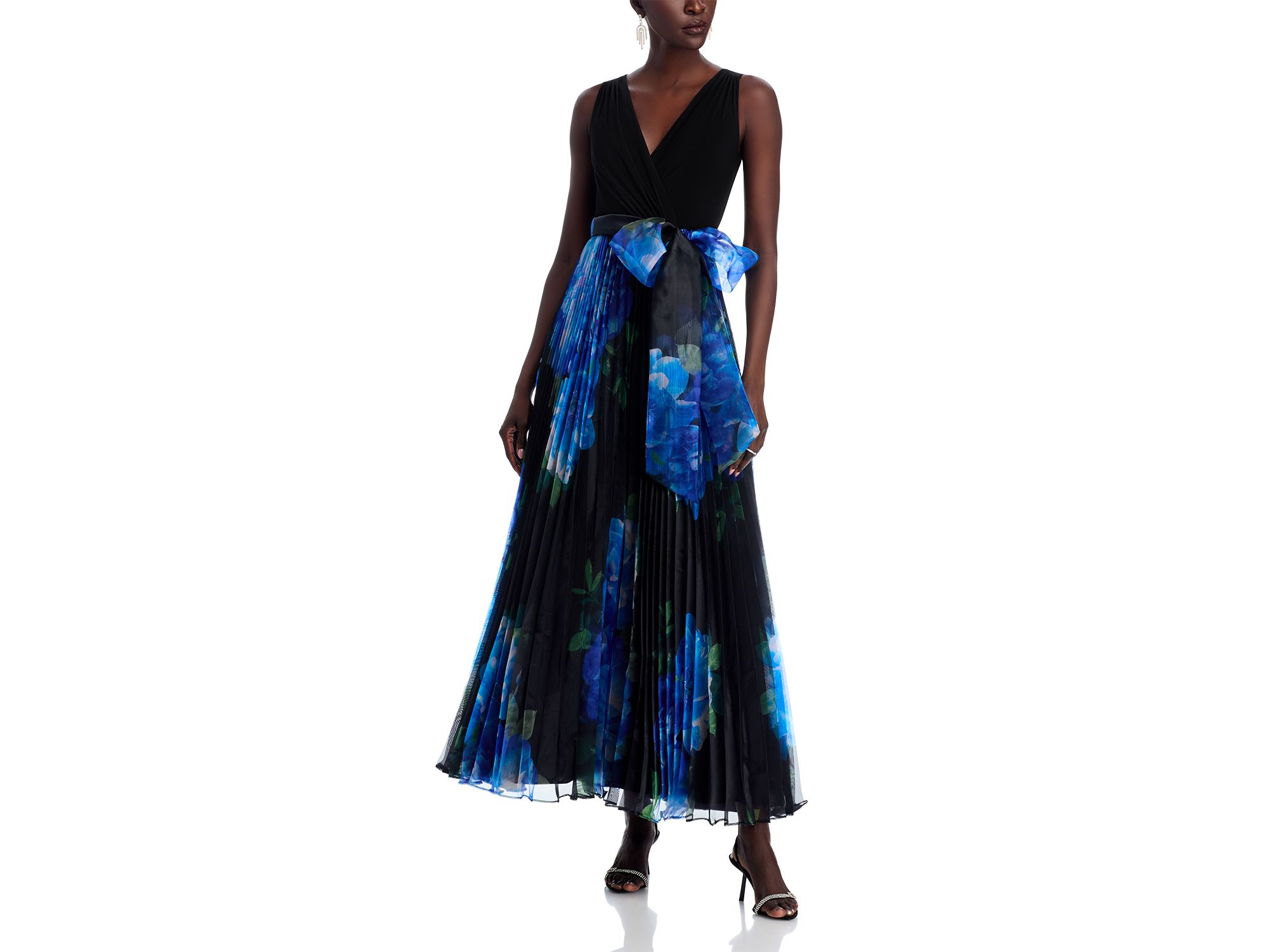 Mixed Media V Neck Sleeveless Pleated Gown - Image 1