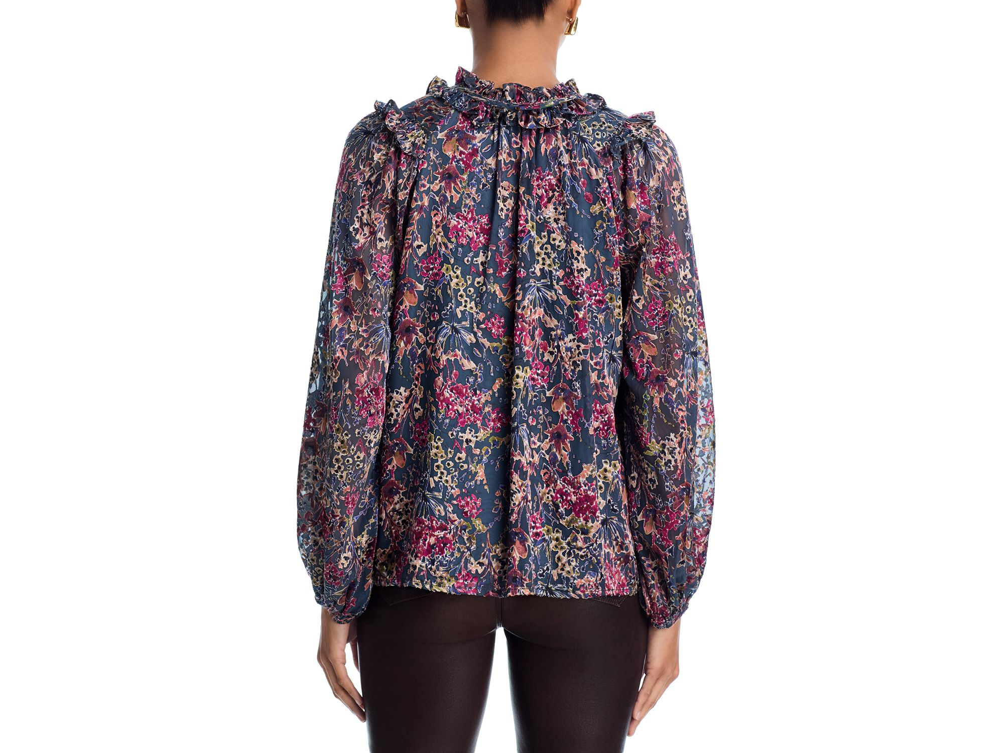 Long Sleeved Floral Satin Burnout Ruffled Blouse - Exclusive — Image 3