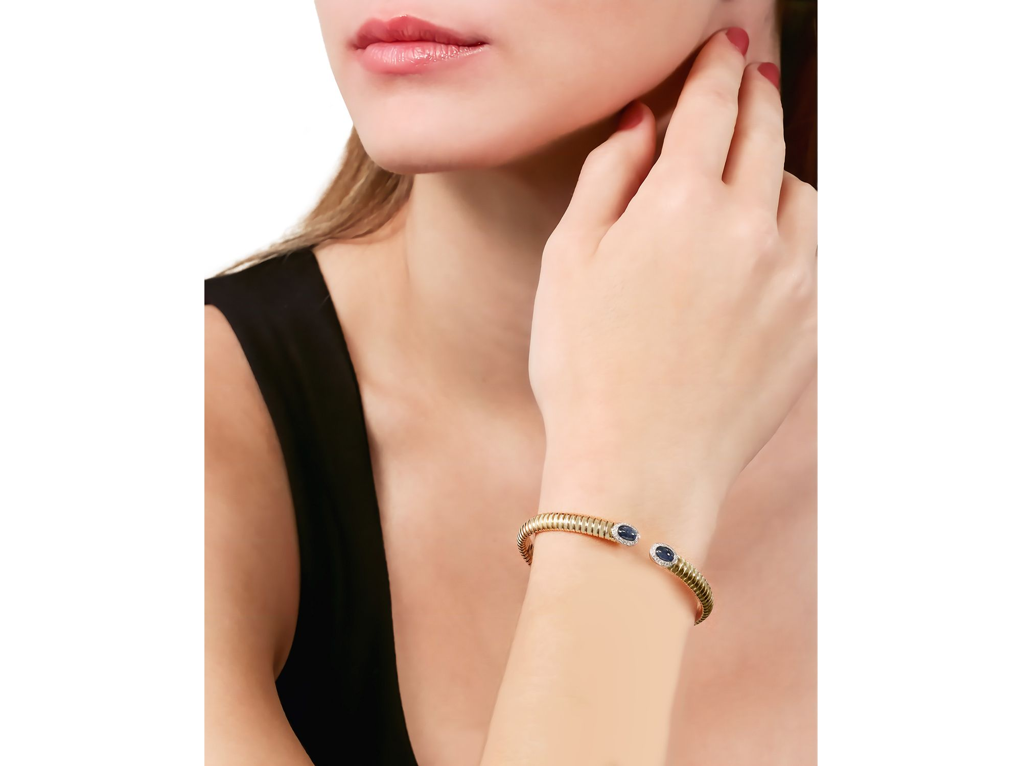 18K Yellow Gold Via Giardino Tubogas Domed Sapphire Cabochon & Diamond Bracelet — Image 3