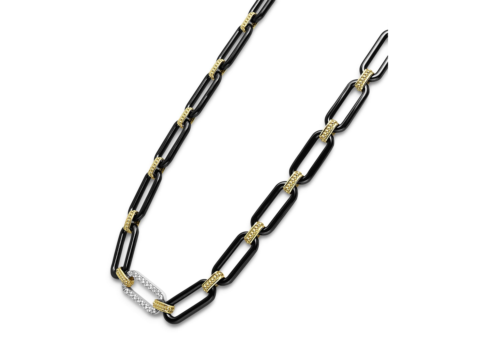 18K Yellow & White Gold Signature Caviar Diamond & Black Ceramic Station Link Necklace, 18" — Image 3