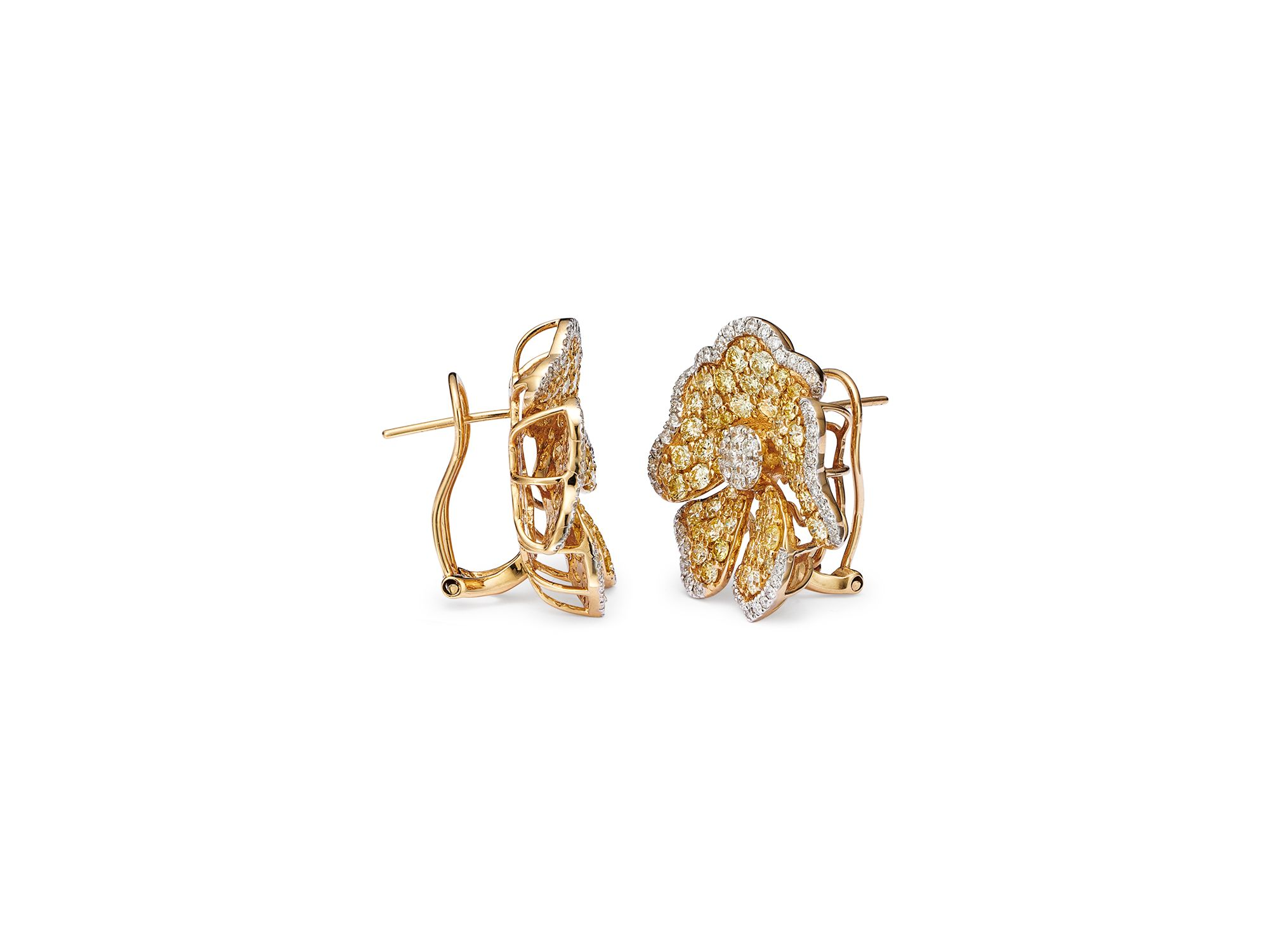 Yellow & White Diamond Flower Stud Earrings in 14K White & Yellow Gold, 4.4 tcw — Image 5